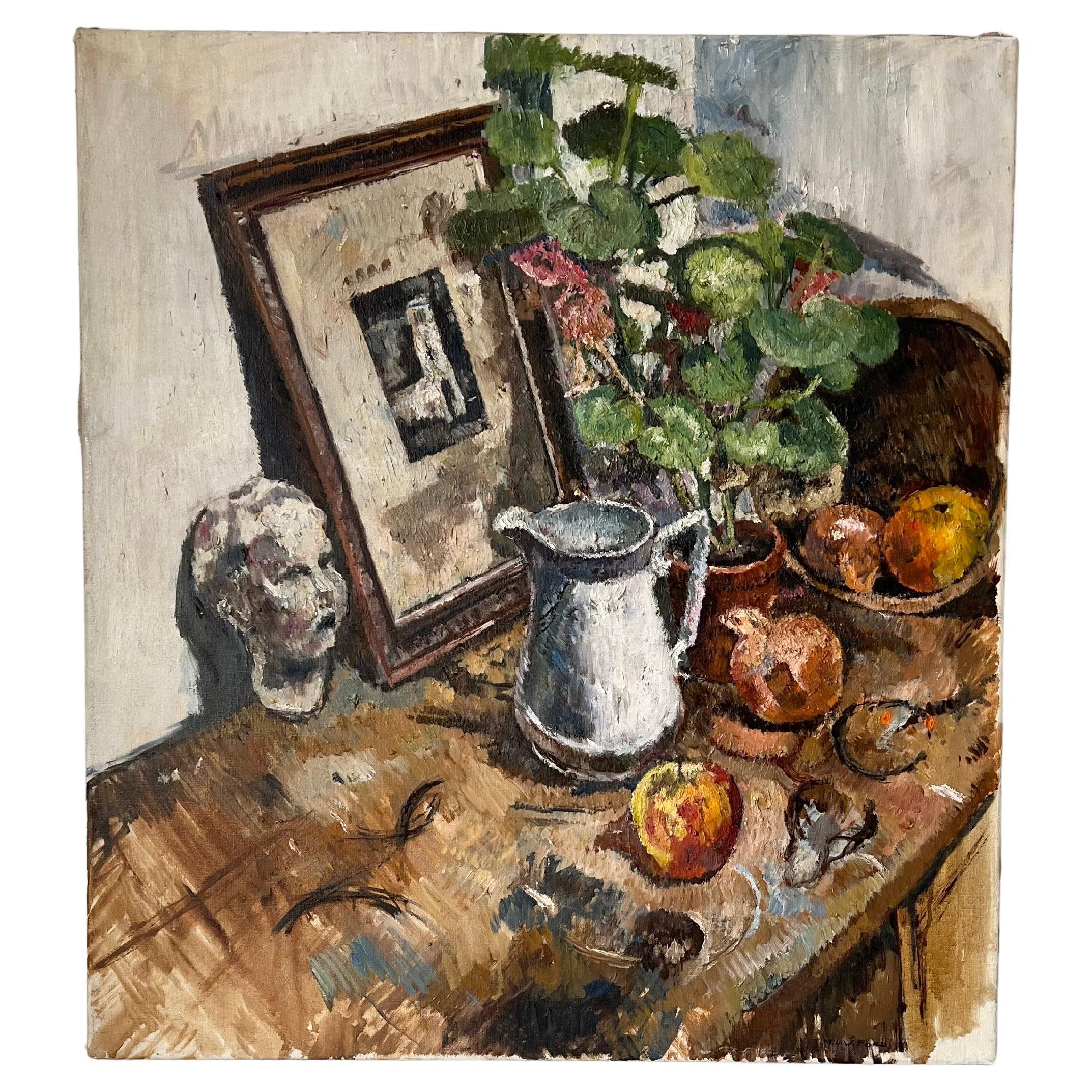 Große Vintage Mitte des 20. Jahrhunderts Stillleben Gemälde, Öl auf Leinwand, signiert