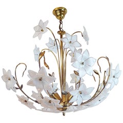 Large Vintage Mid Century Italian Murano Flower Venini Art Glass Gilt Chandelier