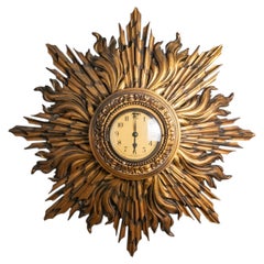 Large Vintage Mid-Century Large Gilt wood Sunburst Clock