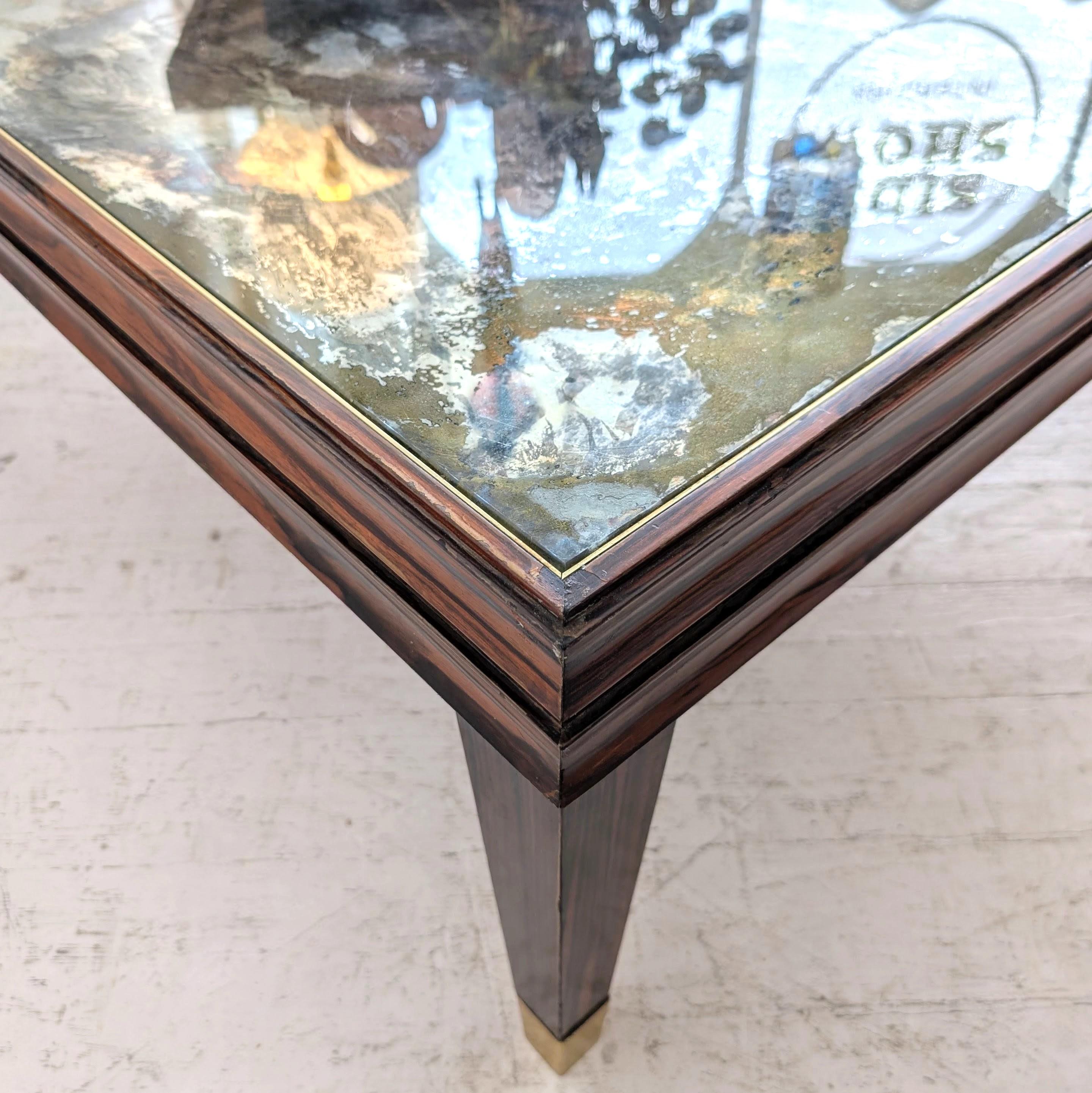 Grande table basse vintage en Macassar du milieu du siècle, plateau en verre églomisé, Italie, années 1970 en vente 7