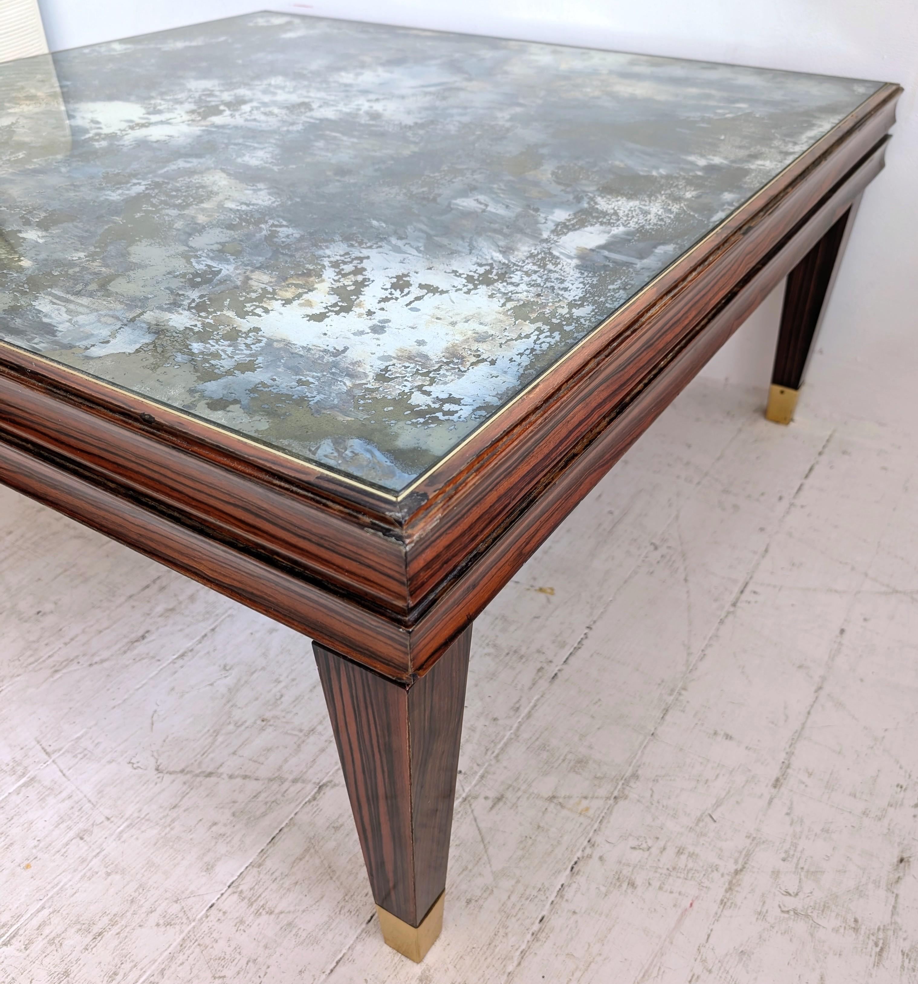 Grande table basse vintage en Macassar du milieu du siècle, plateau en verre églomisé, Italie, années 1970 en vente 1