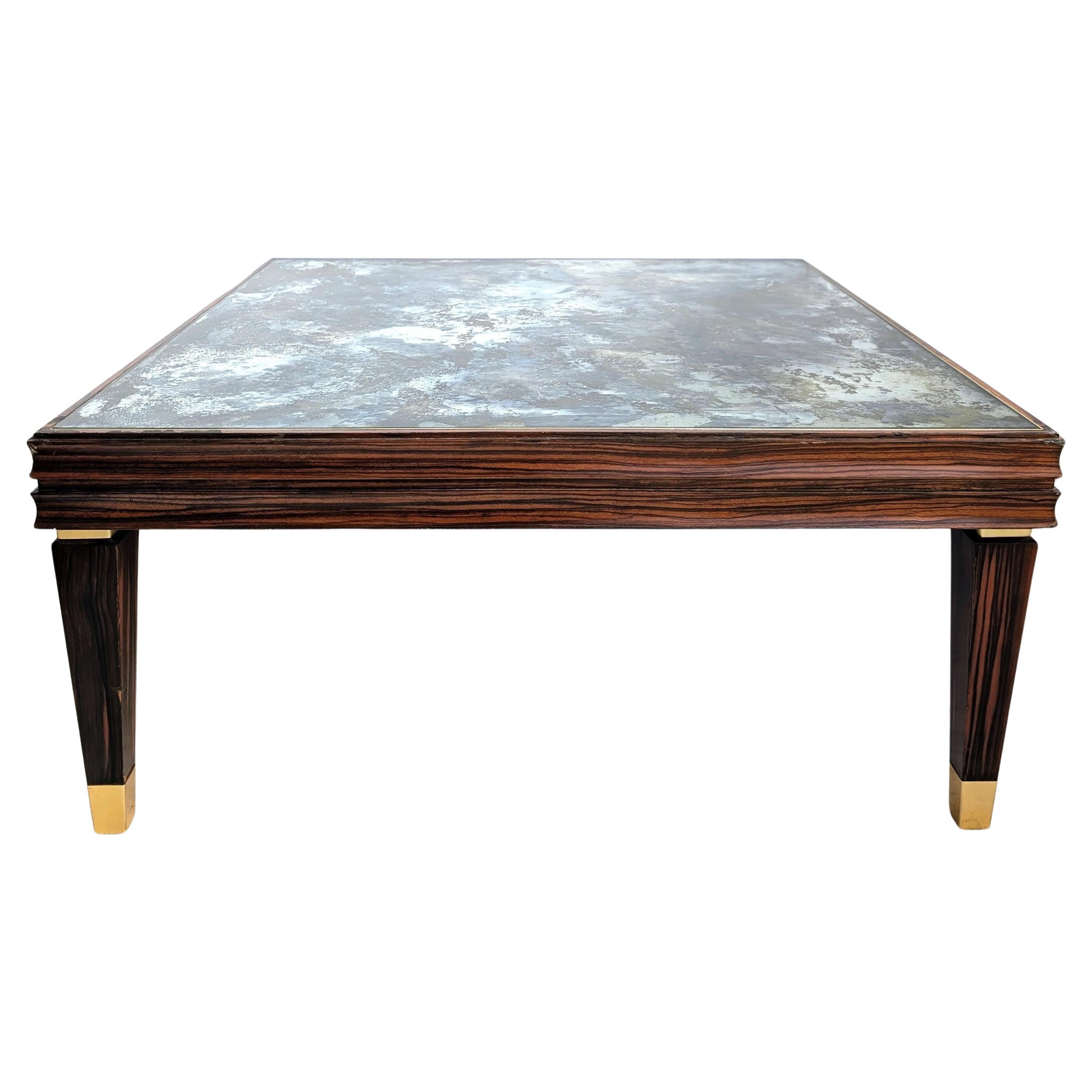 Grande table basse vintage en Macassar du milieu du siècle, plateau en verre églomisé, Italie, années 1970