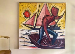 Large Vintage Mid Century Man on Boat Painting, Signed