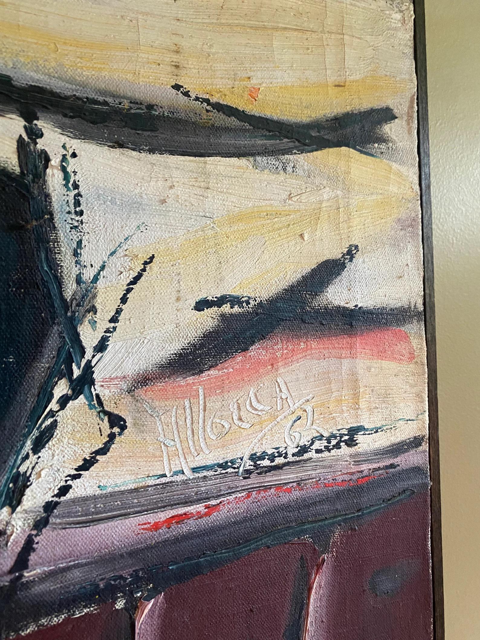 Große Vintage Mid Century Mann auf Boot Gemälde, signiert (amerikanisch) im Angebot