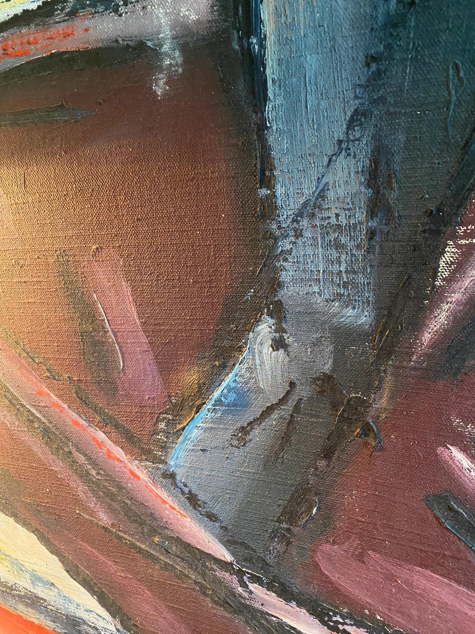 Große Vintage Mid Century Mann auf Boot Gemälde, signiert (Mitte des 20. Jahrhunderts) im Angebot