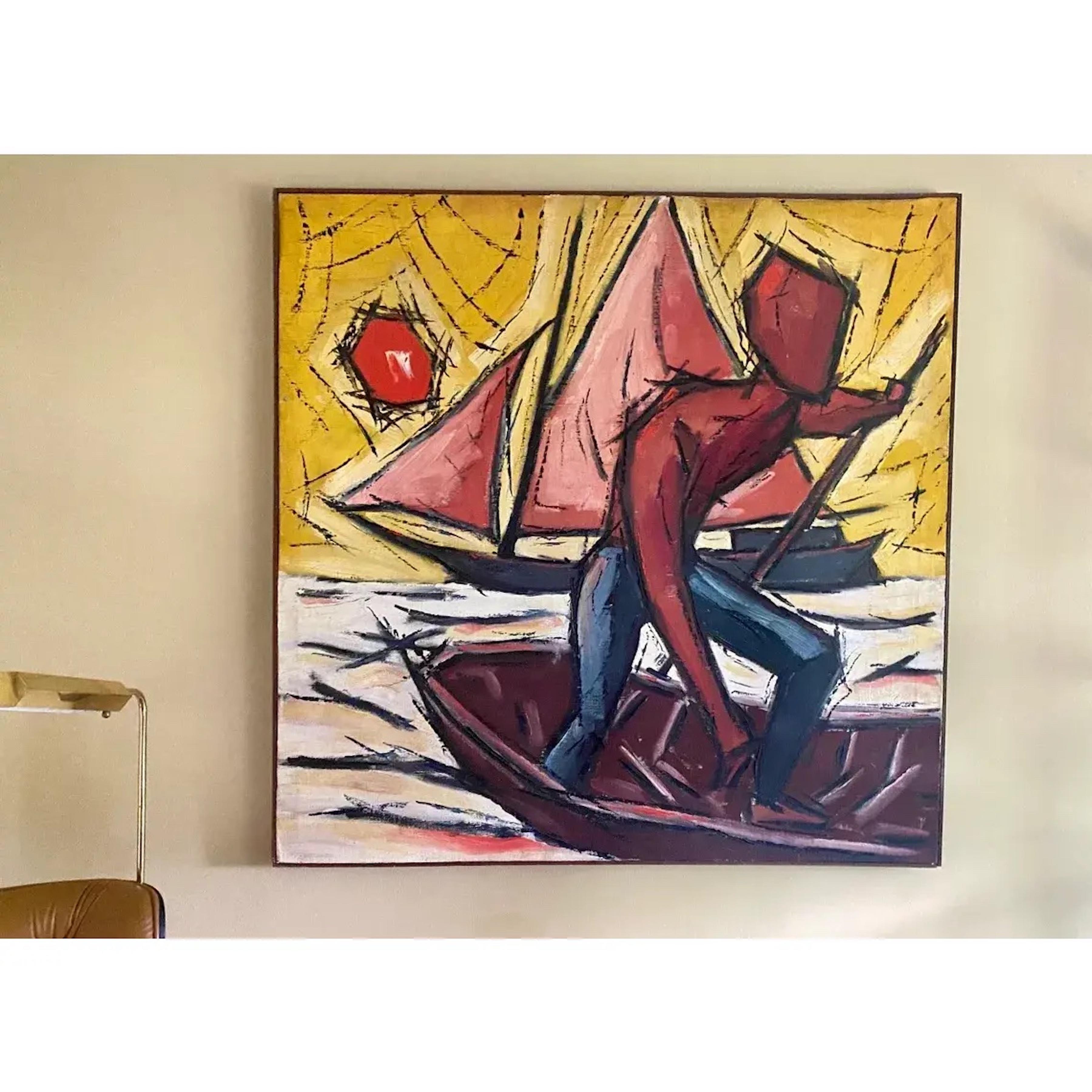 Große Vintage Mid Century Mann auf Boot Gemälde, signiert im Angebot 1