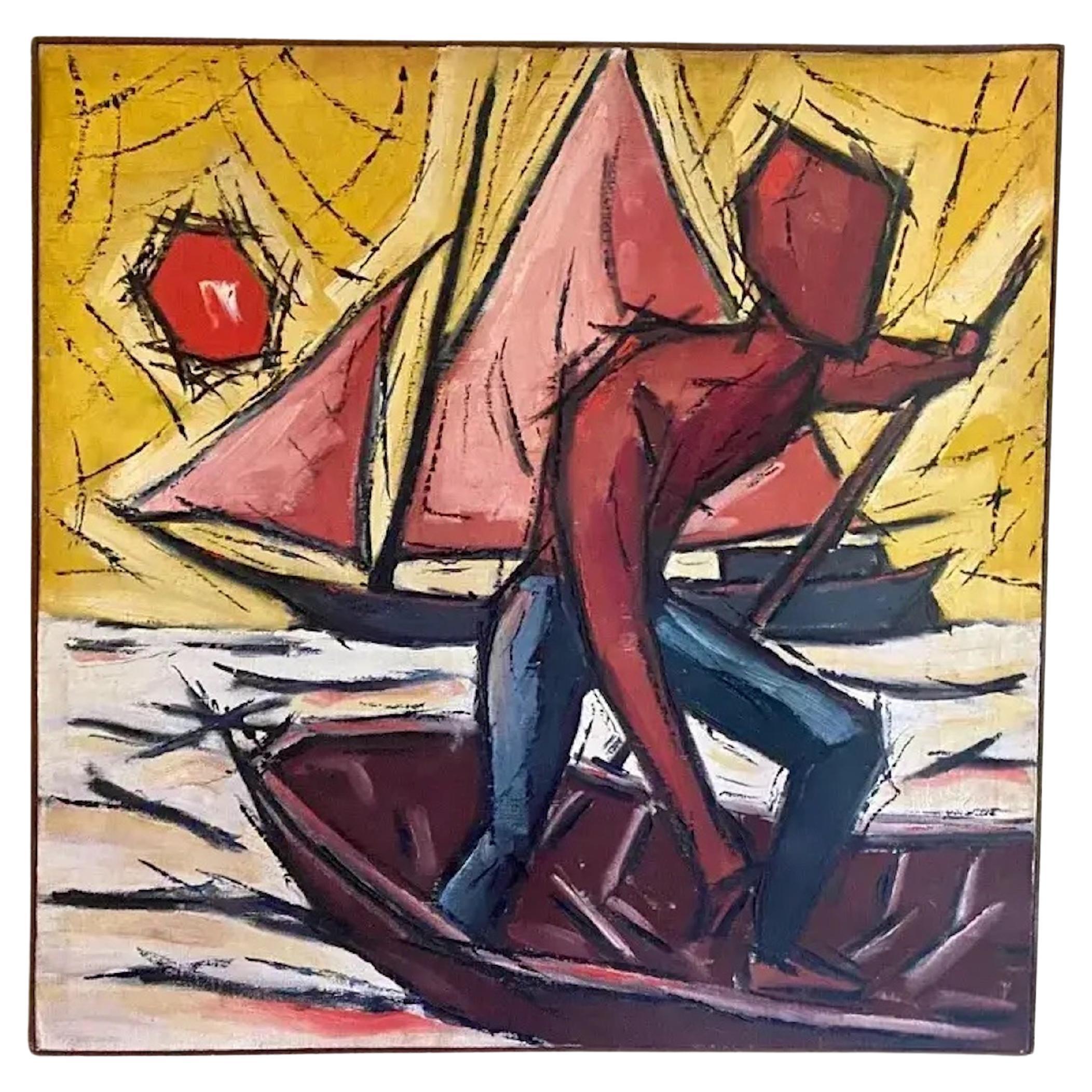 Große Vintage Mid Century Mann auf Boot Gemälde, signiert im Angebot