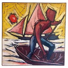Large Vintage Mid Century Man on Boat Painting, Signed