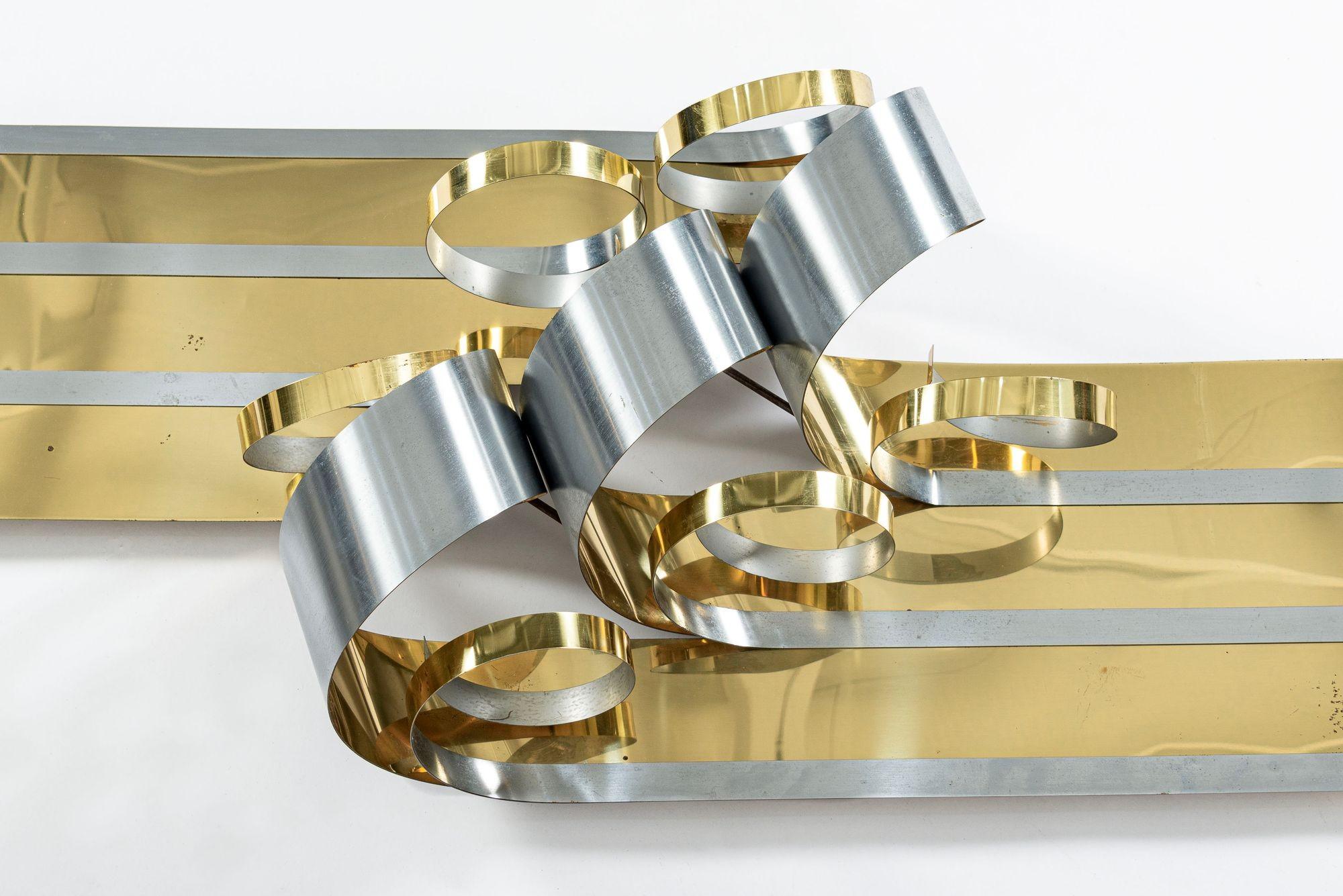 Große Vintage Mid Century Metal Ribbon Wall Art Skulptur von Curtis Jere 1980s (amerikanisch) im Angebot