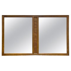 Large Vintage Mid Century Modern Mirror  Walnut Rattan Mirror c. 1960
s