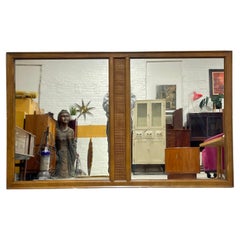 Large Vintage Mid Century Modern Mirror  Walnut Rattan Mirror c. 1960
s