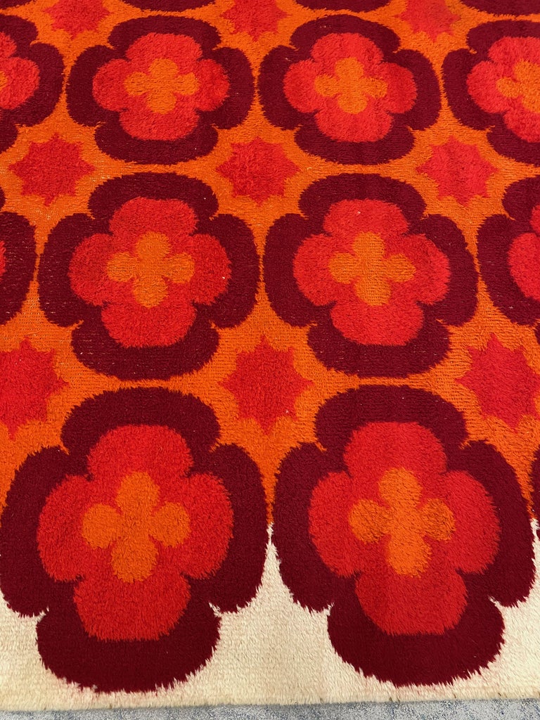 Pink Rya Rug Retro Large Vintage Mid-Century Modern Rya Rug German, 1970s at 1stDibs
