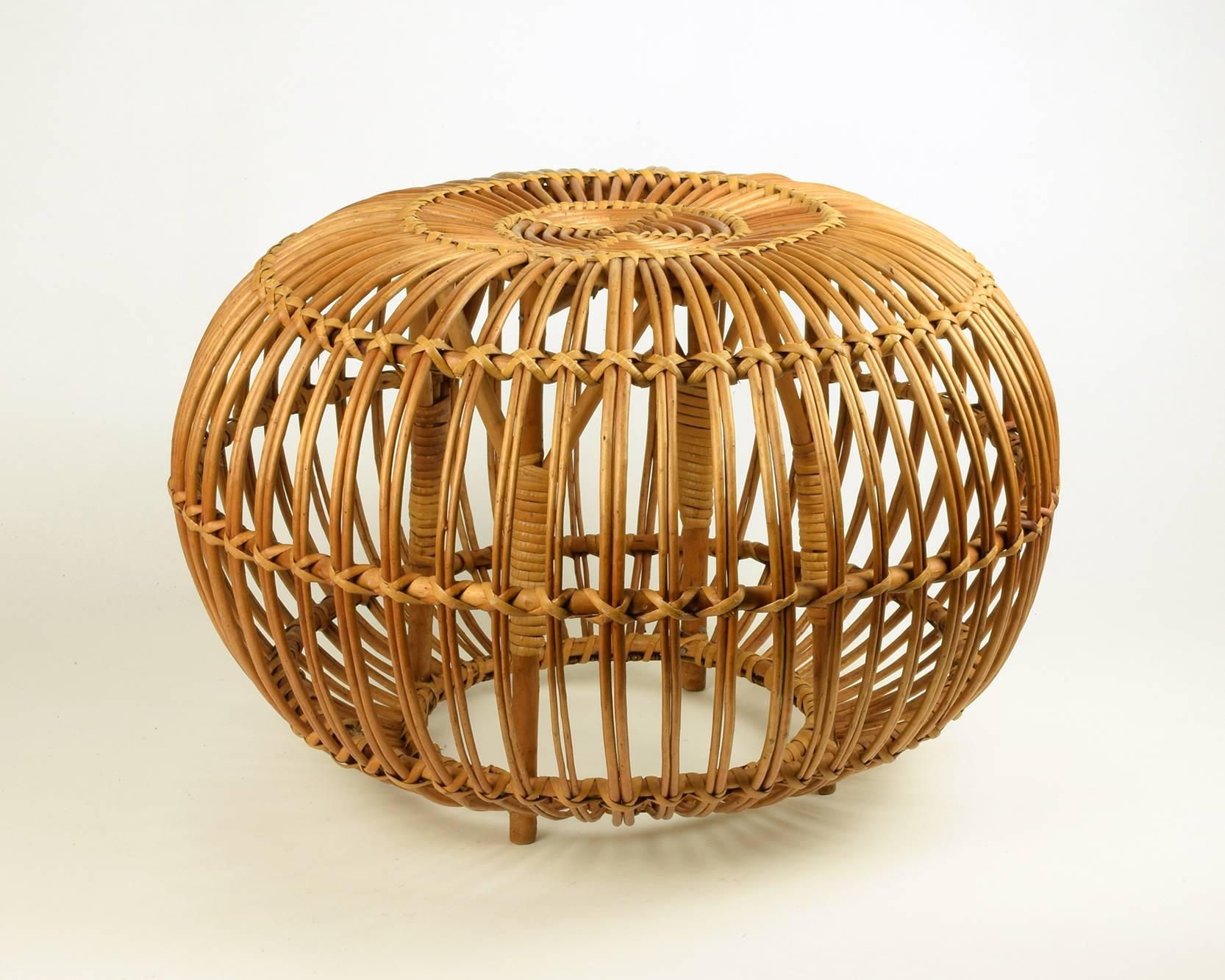 Large Vintage Midcentury Rattan Cane Ottoman by Franco Albini for Bonacina In Fair Condition In London, GB