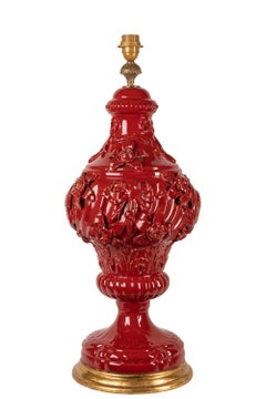 Large Vintage Mid-Century Spanish Ceramic Table Lamp, Vivid Red Glaze, Manises