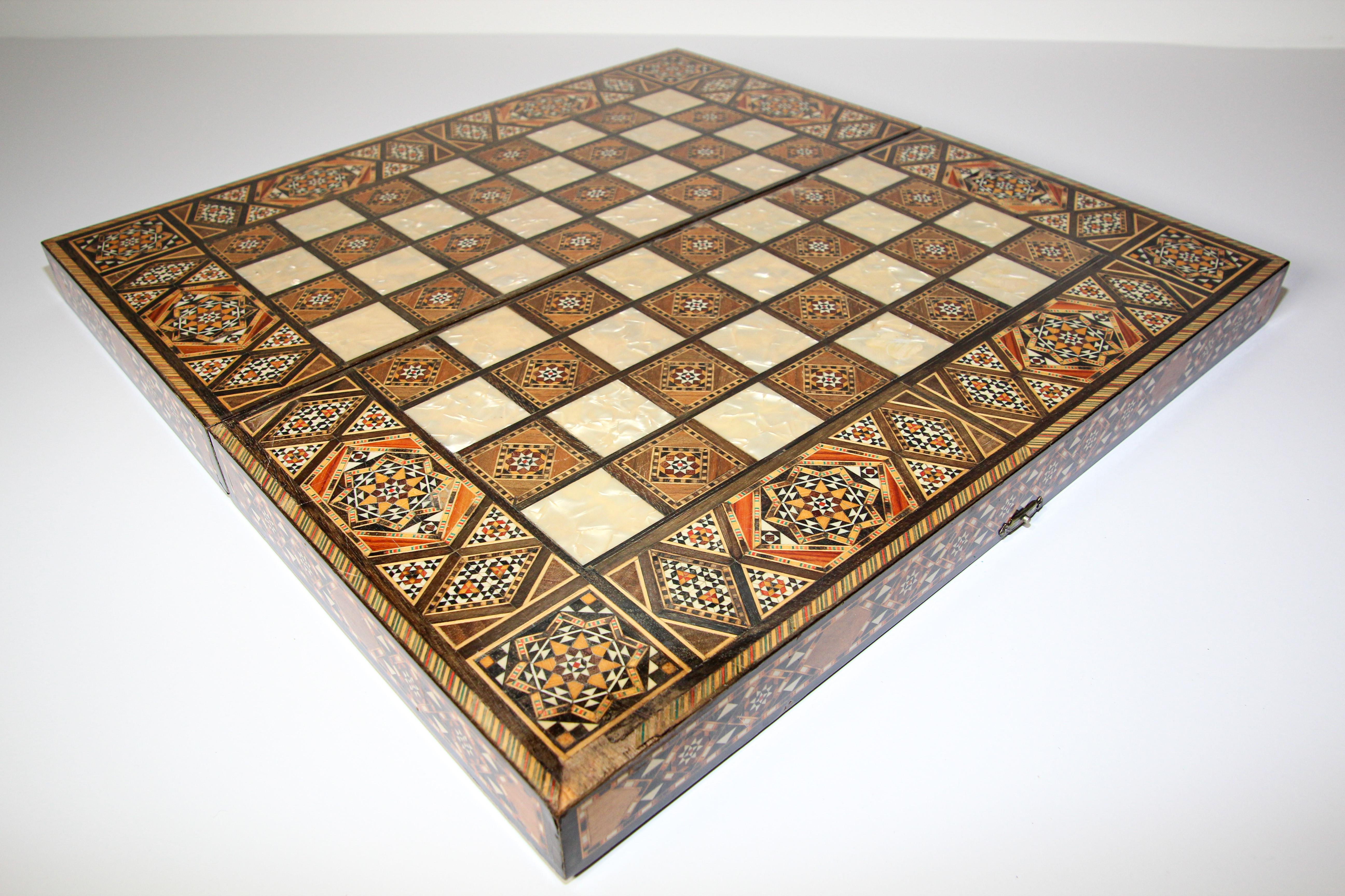 Large Vintage Midcentury Complete Syrian Inlaid Mosaic Backgammon and Chess Game 5
