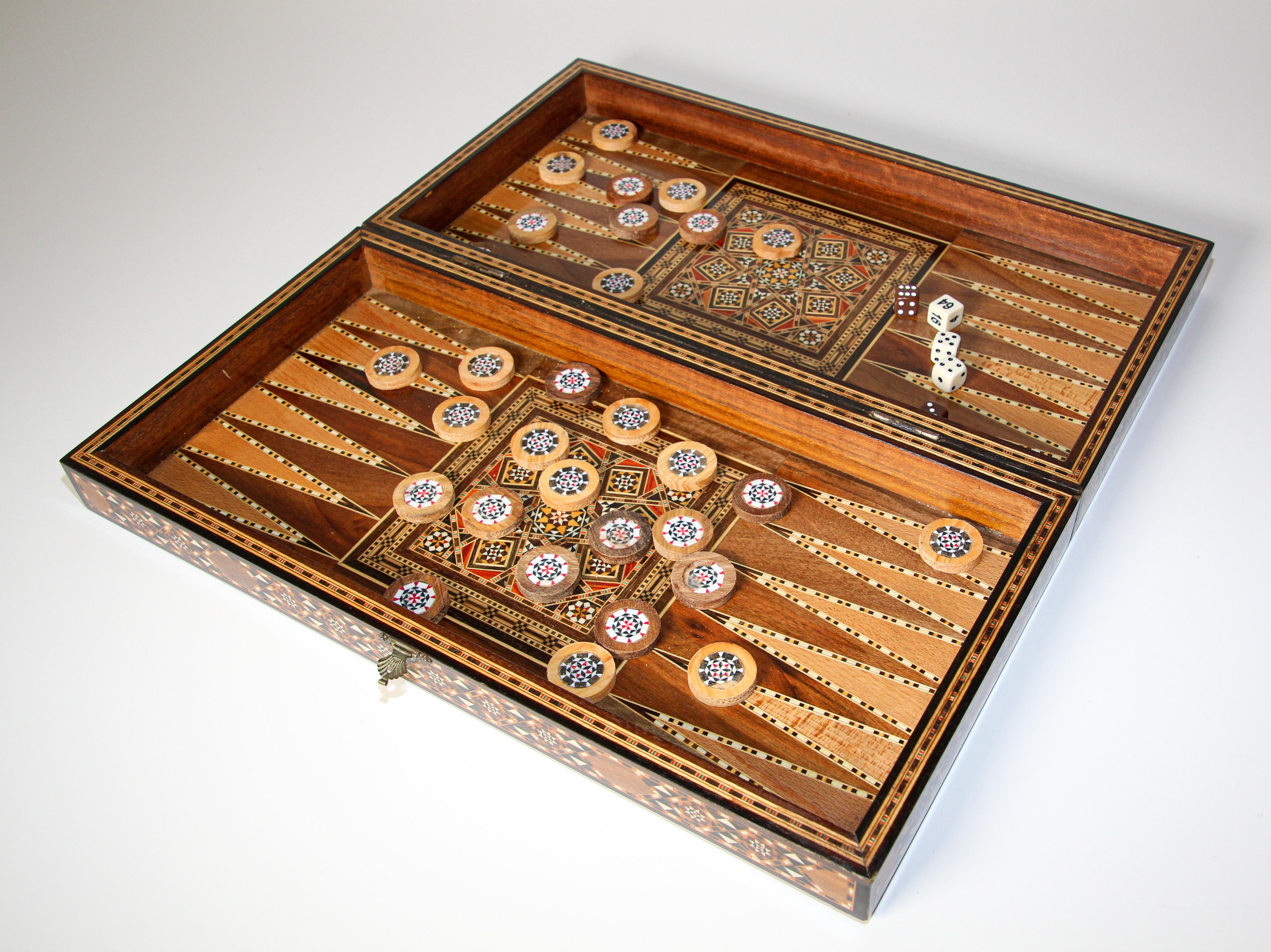 Large Vintage Midcentury Complete Syrian Inlaid Mosaic Backgammon and Chess Game 8