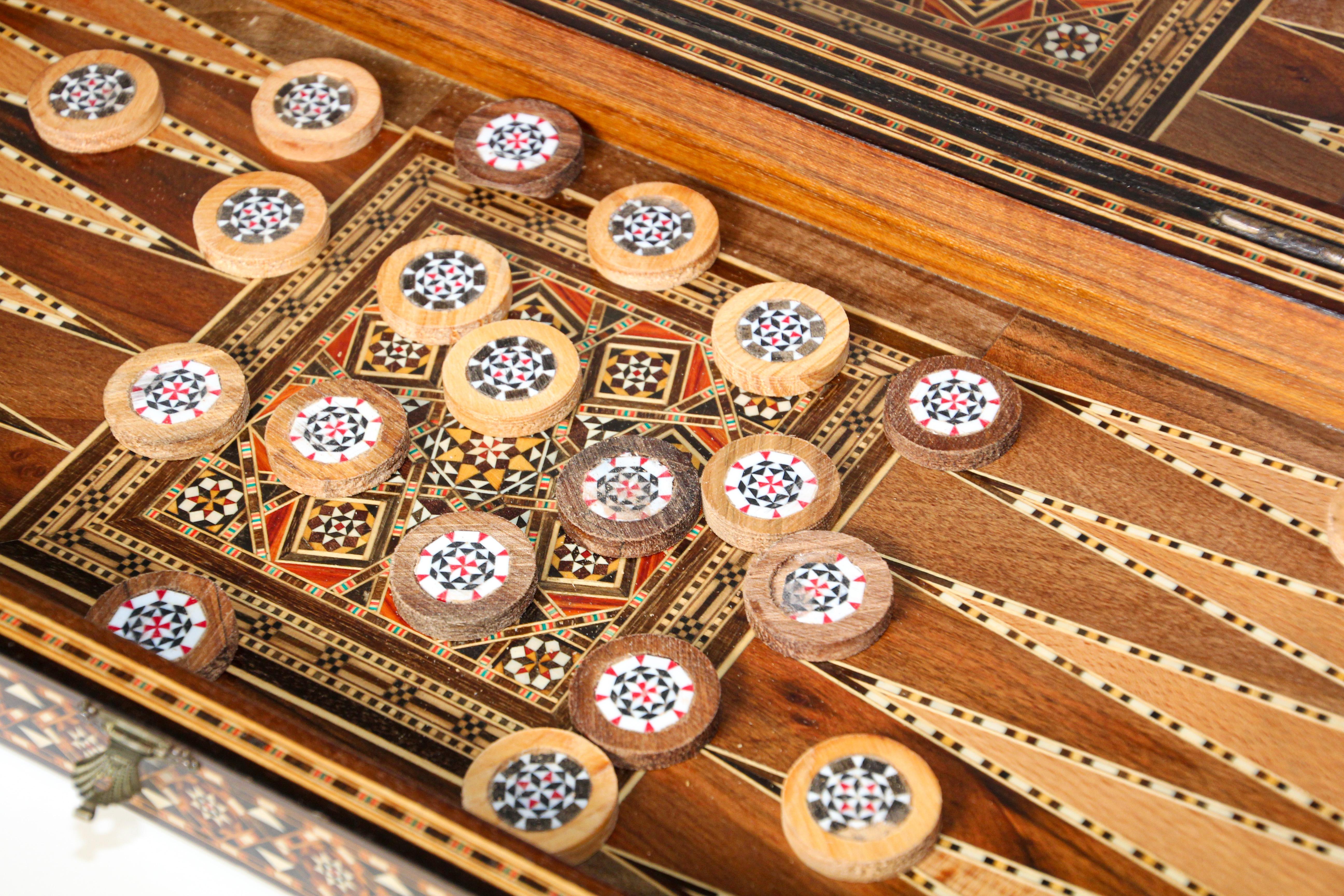 Large Vintage Midcentury Complete Syrian Inlaid Mosaic Backgammon and Chess Game 9