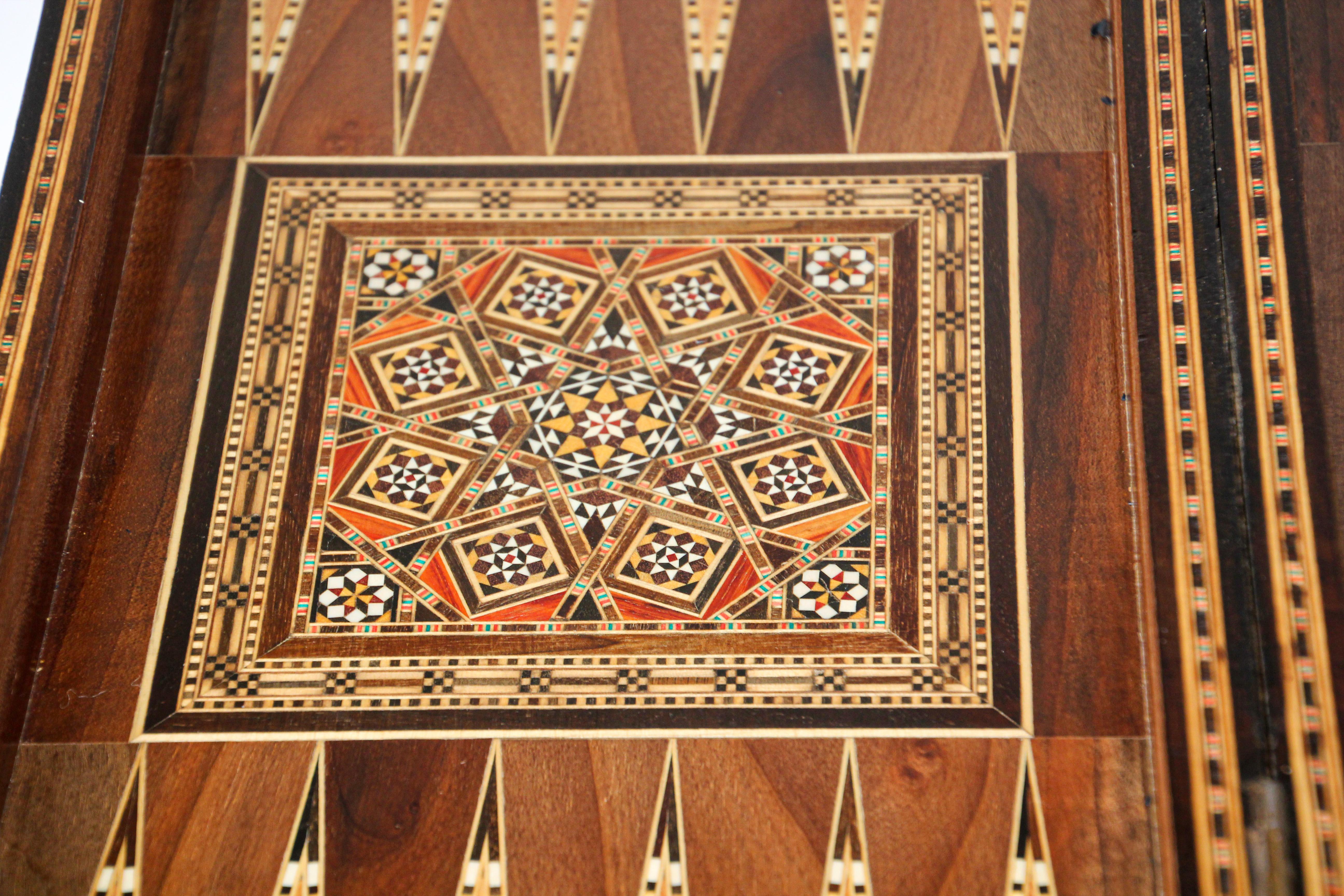 Moorish Large Vintage Midcentury Complete Syrian Inlaid Mosaic Backgammon and Chess Game