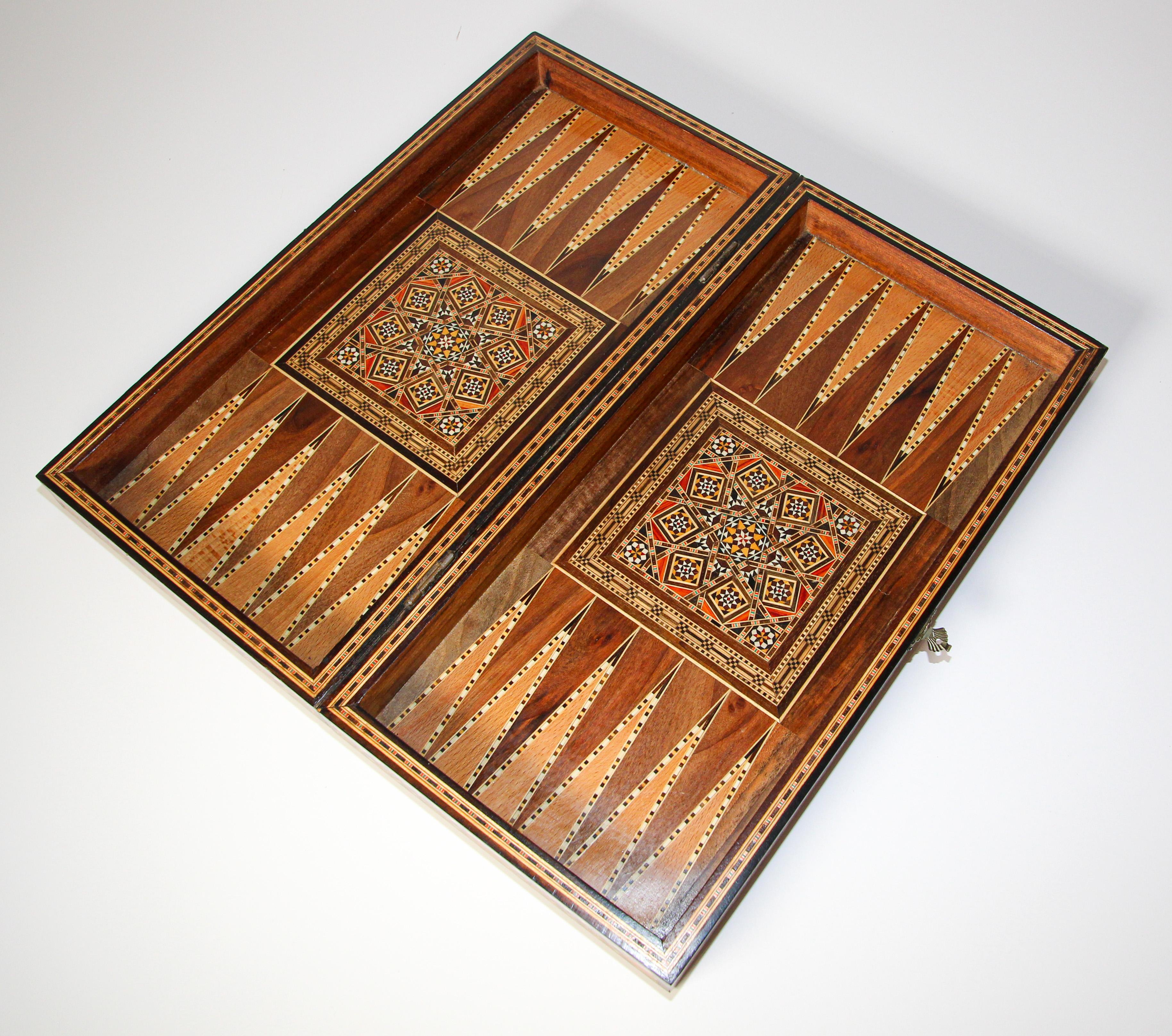 Marquetry Large Vintage Midcentury Complete Syrian Inlaid Mosaic Backgammon and Chess Game