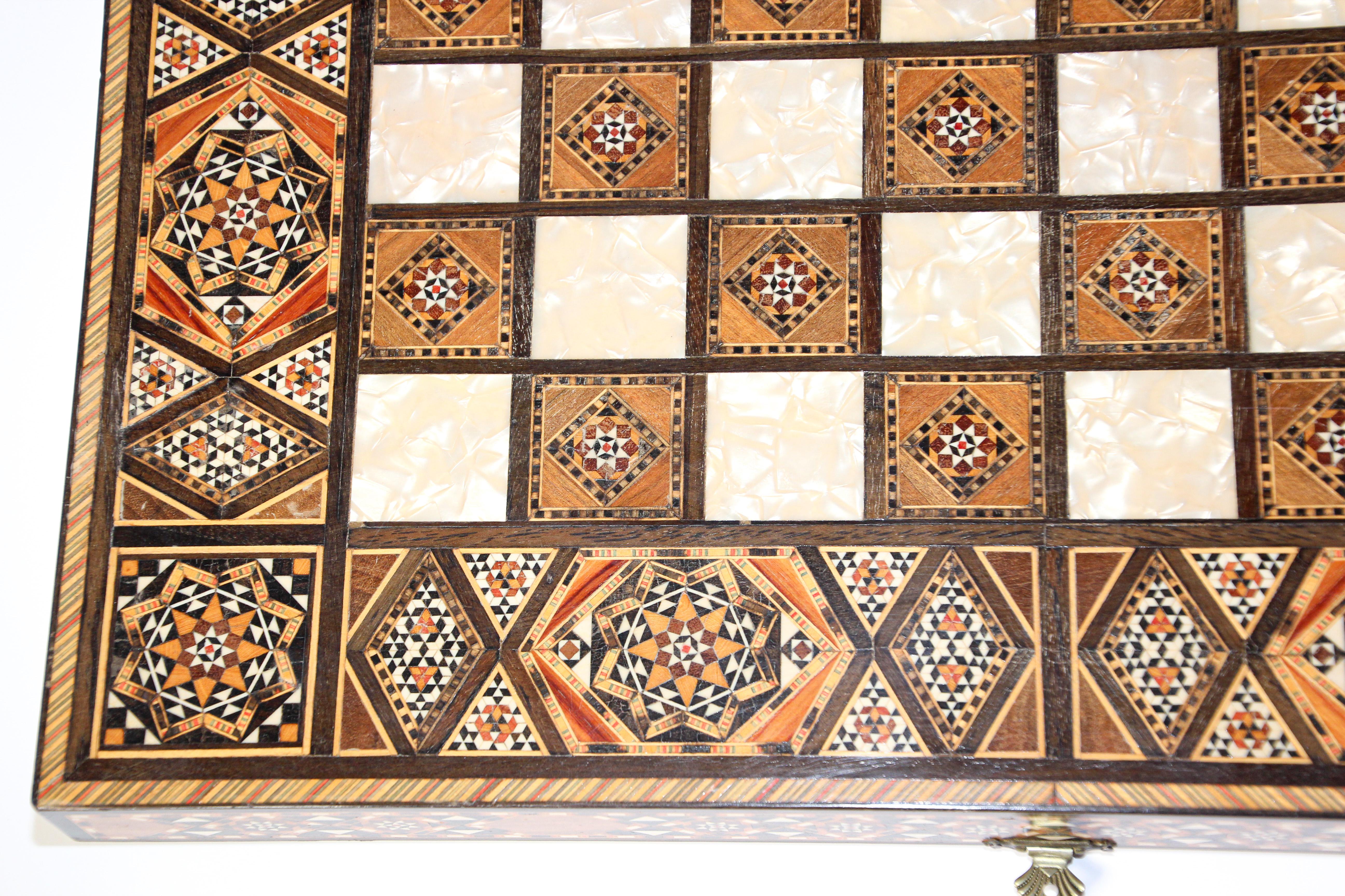 20th Century Large Vintage Midcentury Complete Syrian Inlaid Mosaic Backgammon and Chess Game