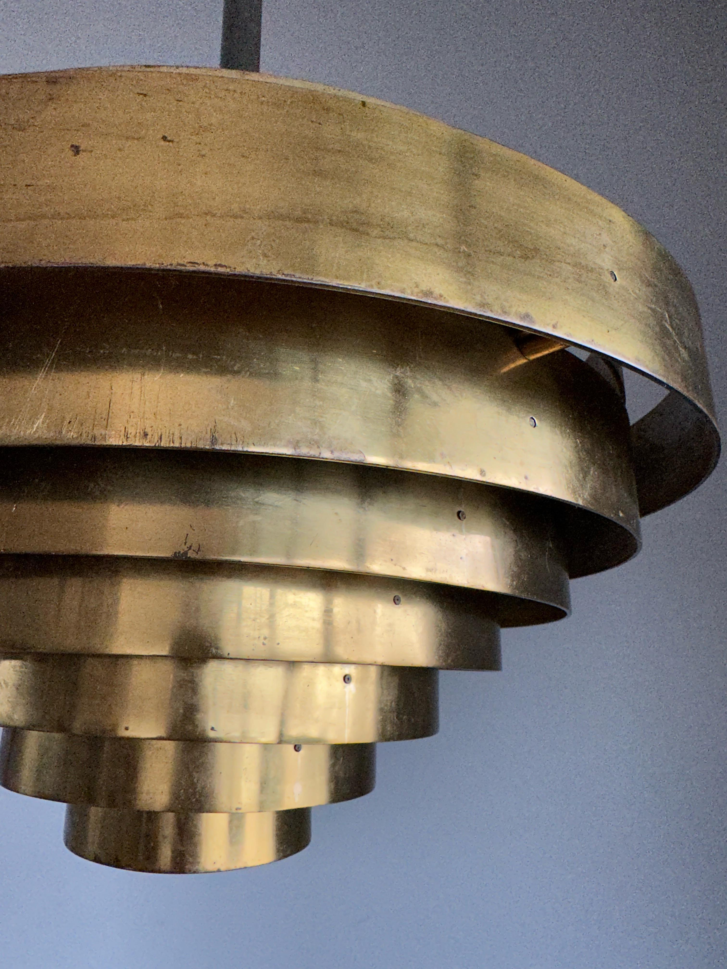 Large Vintage, Mid-Century Modern Handcrafted Brass Round 8 Layers Pendant Light For Sale 5
