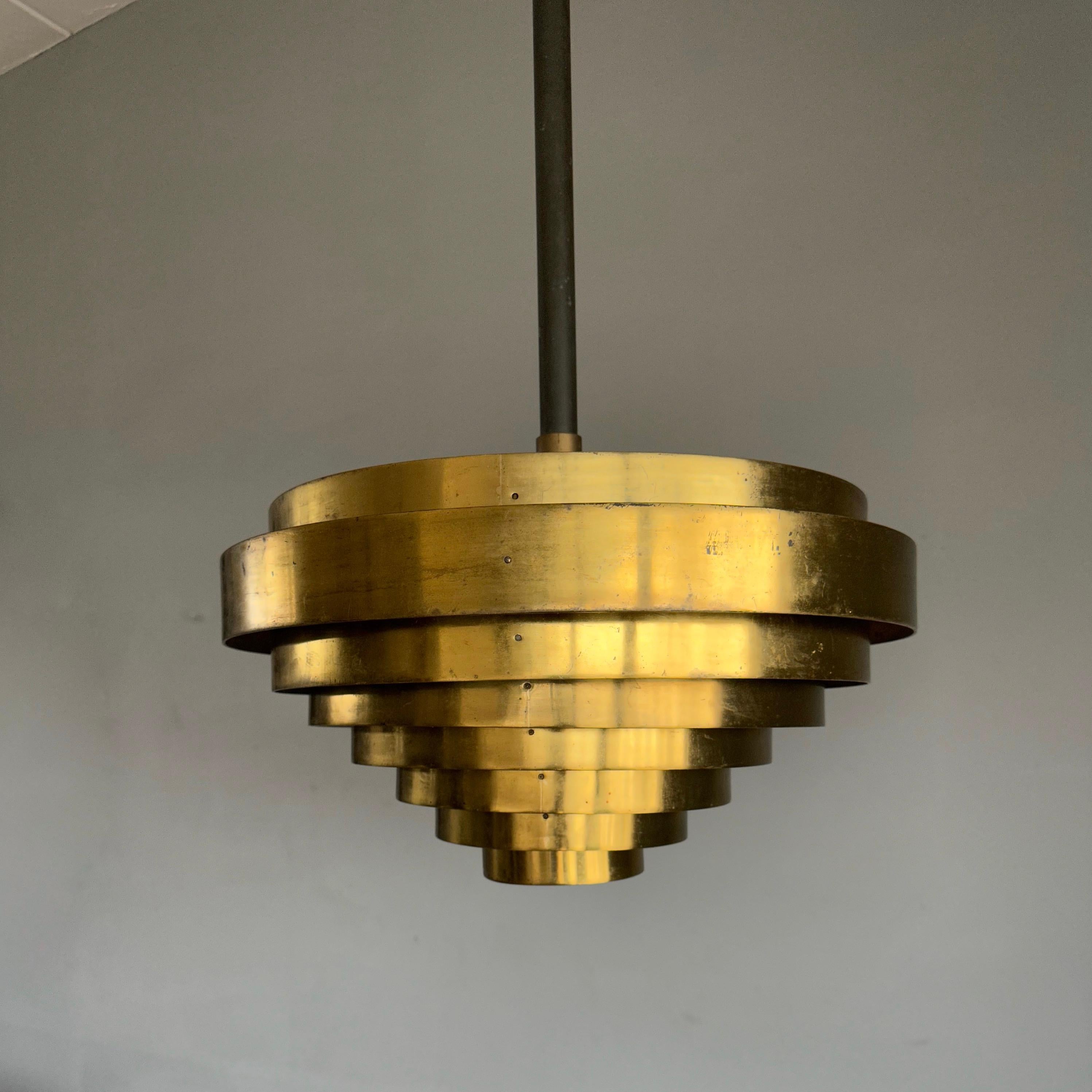 Large Vintage, Mid-Century Modern Handcrafted Brass Round 8 Layers Pendant Light For Sale 9