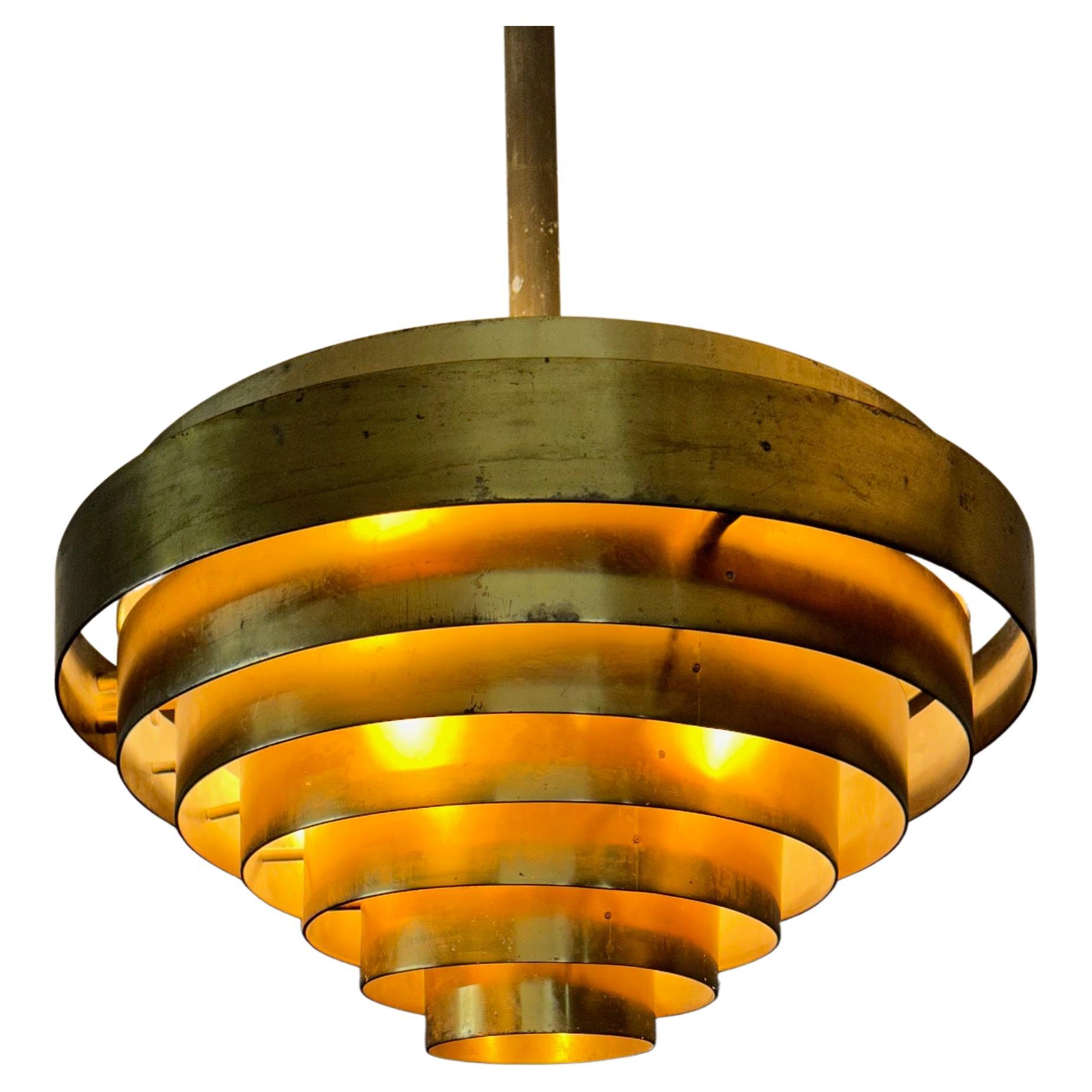 Large Vintage, Mid-Century Modern Handcrafted Brass Round 8 Layers Pendant Light