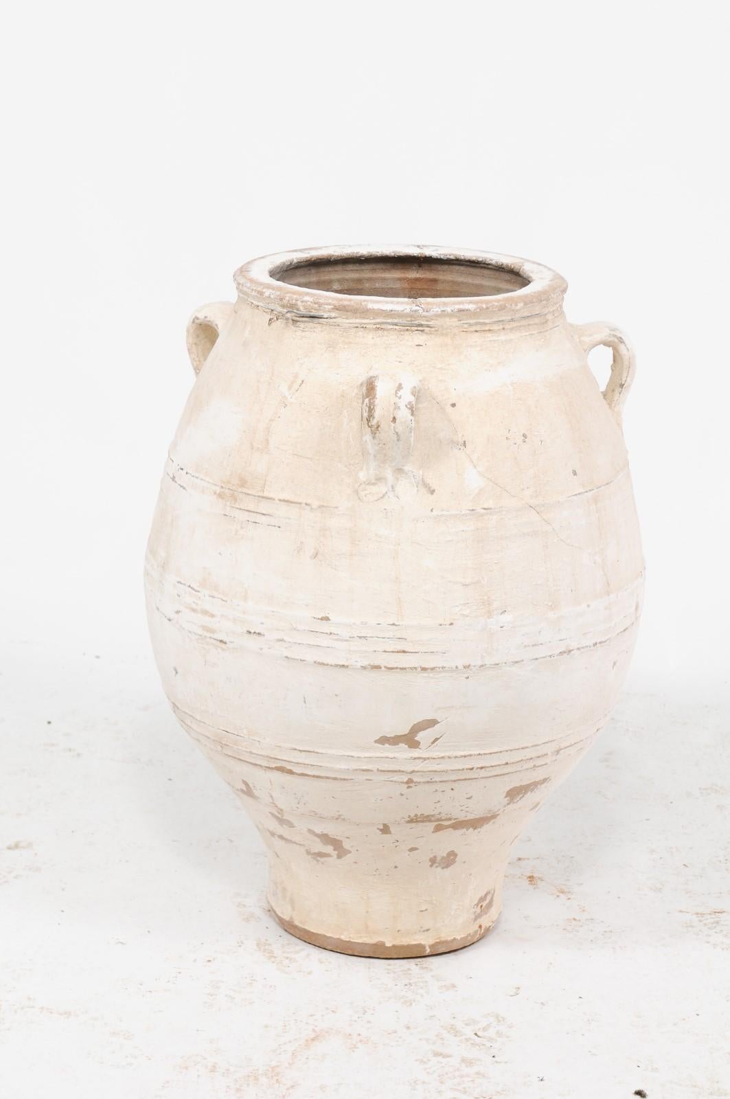 20th Century Large Vintage Midcentury White Terracotta Pot from Greece with Three Handles
