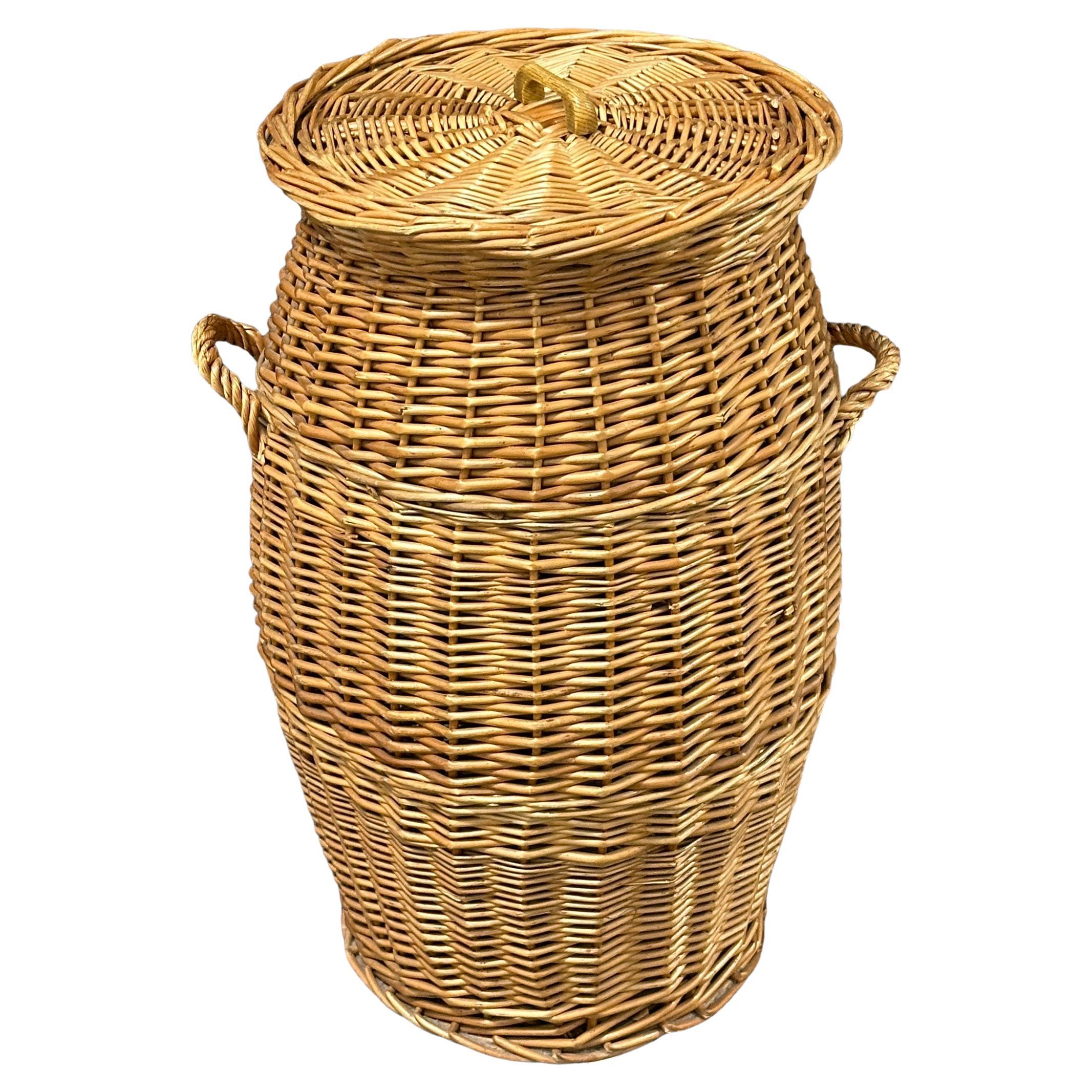 Large Vintage Midcentury Wicker Laundry Basket Hamper, 1970s, German