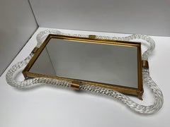 Large Vintage Mirrored Vanity Tray, Murano Twisted Rope Glass, Brass Hardware
