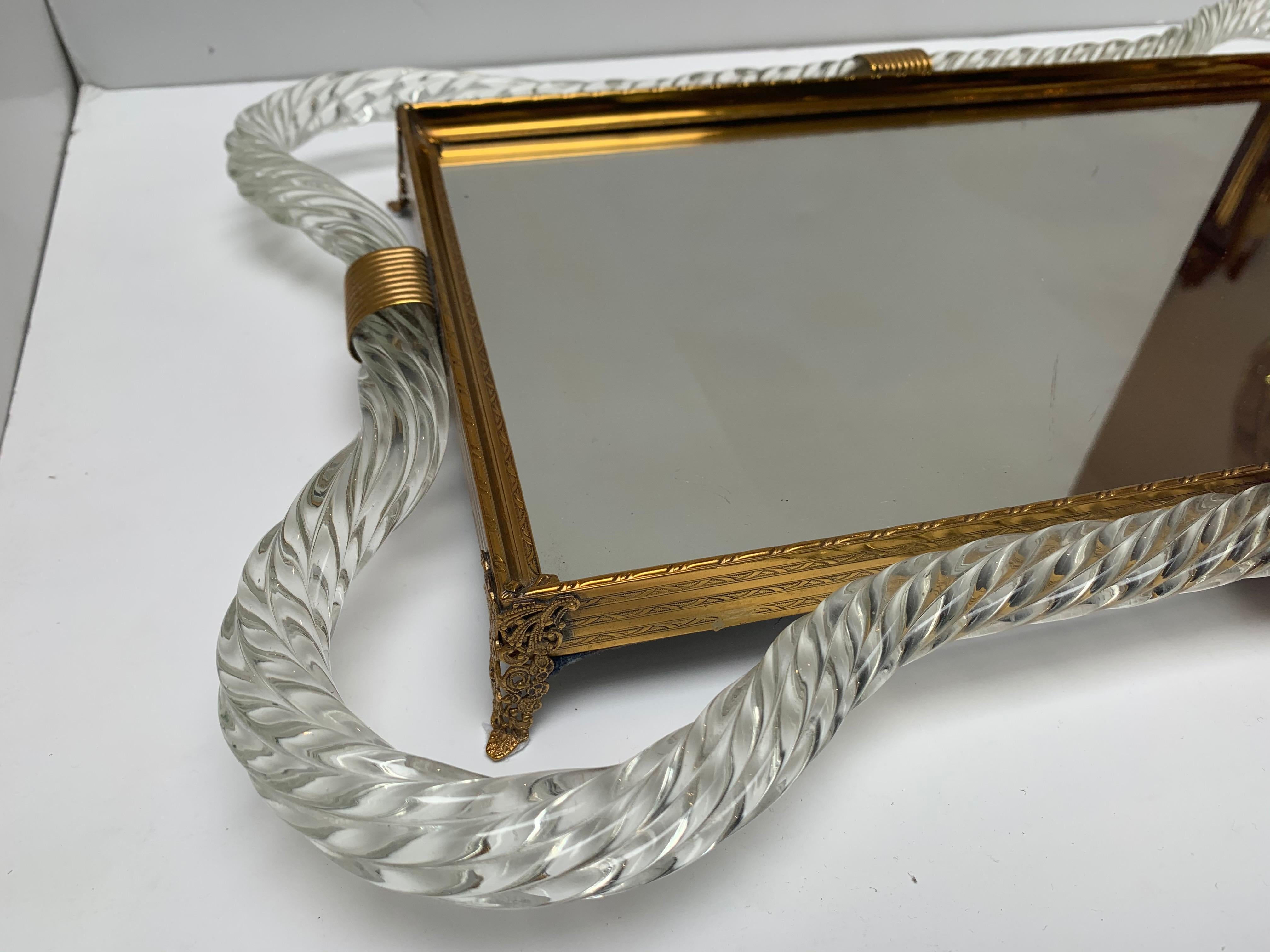 Louis XVI Large Vintage Mirrored Vanity Tray, Murano Twisted Rope Glass, Brass Hardware