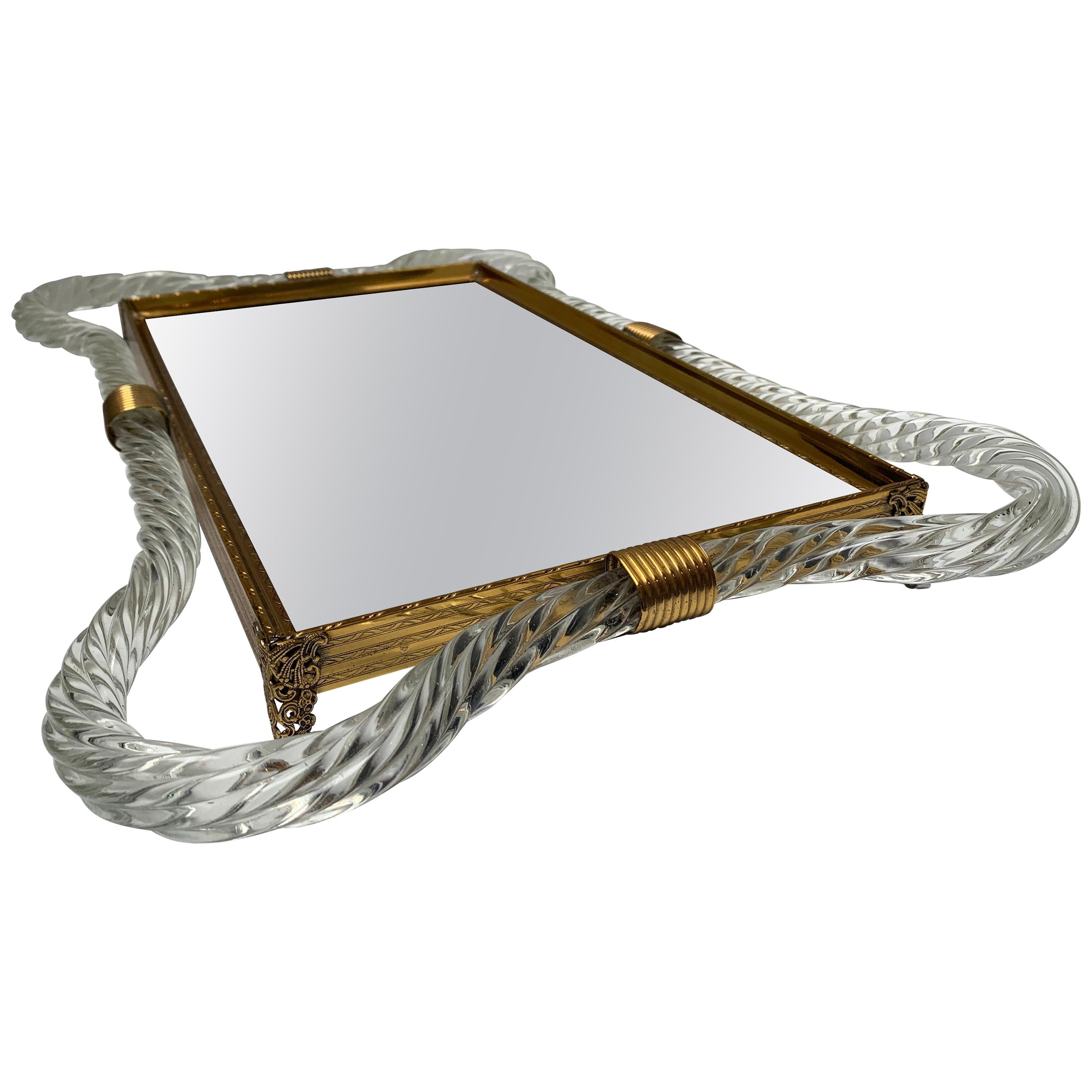 Large Vintage Mirrored Vanity Tray, Murano Twisted Rope Glass, Brass Hardware