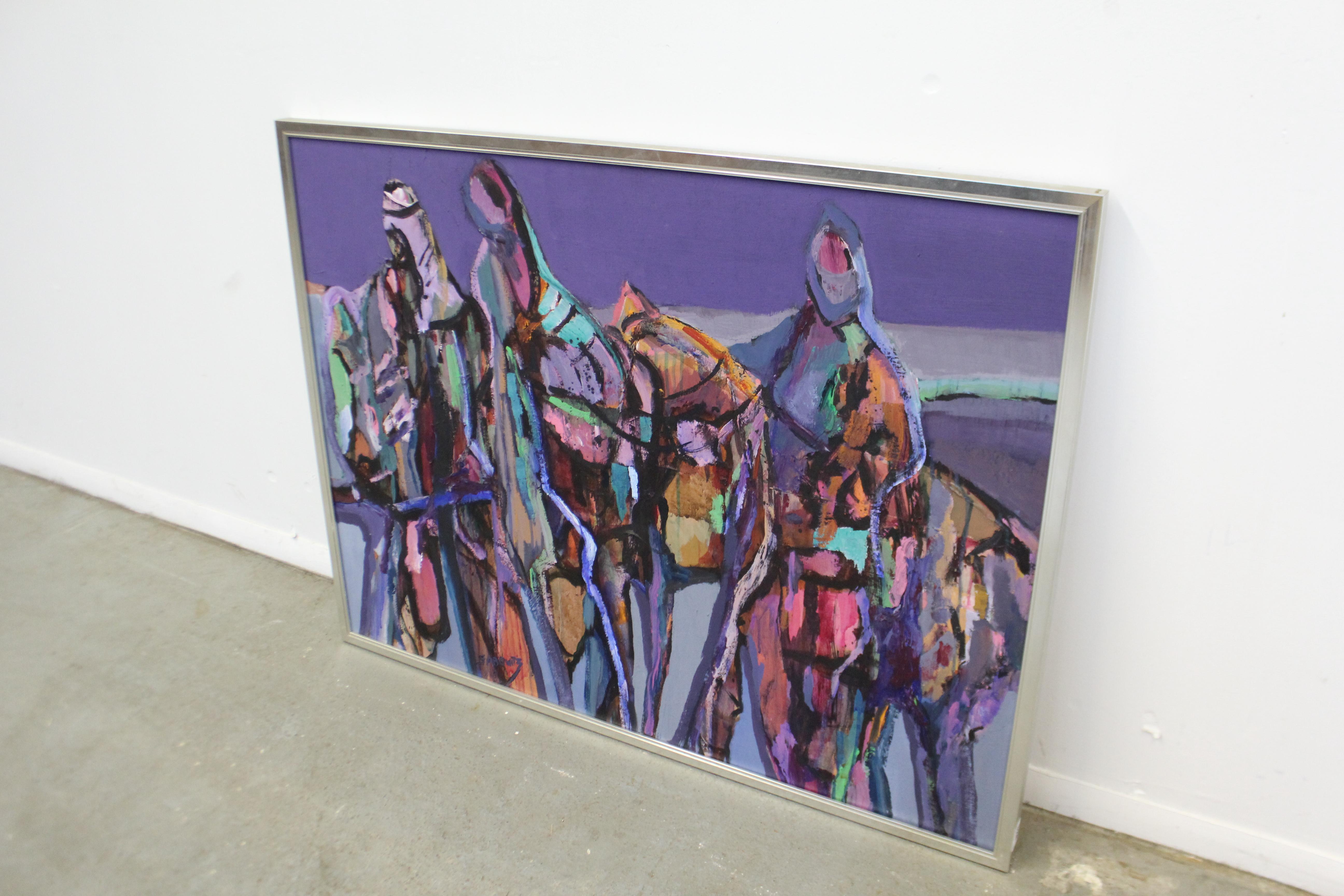 Offered is a large vintage abstract acrylic painting on canvas, entitled 'Caravan' by Ruth Sabowitz in 1980. Features colorful acrylic depicting what looks to be a caravan on horses. It is in very good condition with slight age wear on the metal