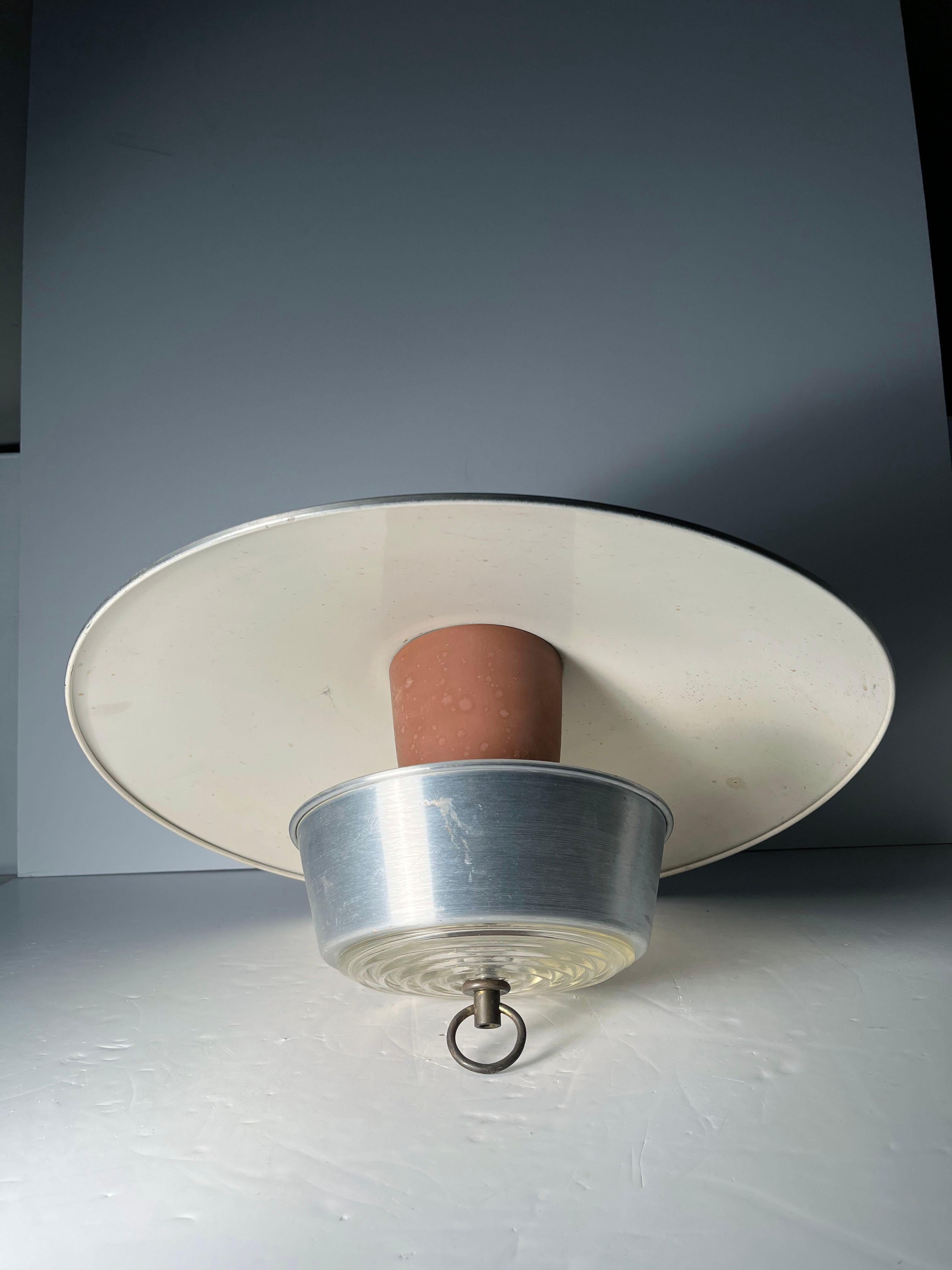 Large Vintage Modern Aluminum Hanging Pull Light Pendant For Sale 2