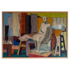 Large Vintage Modernist Oil Painting, Sweden, 1940s