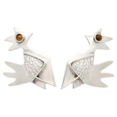 Große Manschettenknöpfe im Vintage-Modernismus-Stil aus Silber mit Cabochons aus Tigerauge in Vogelform