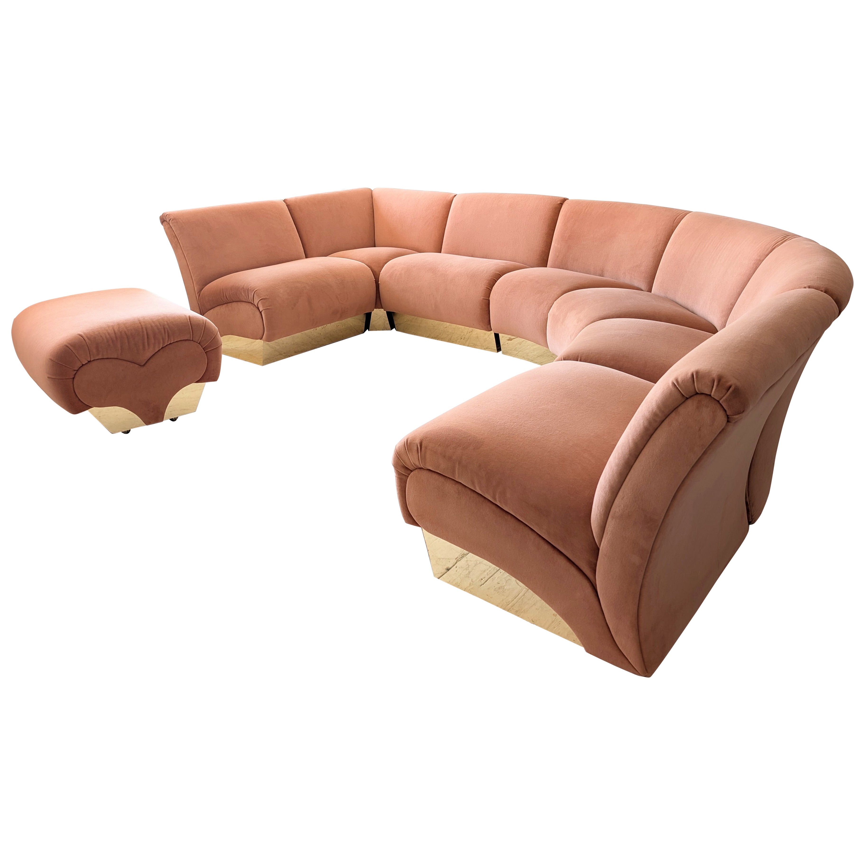 Large vintage modular peach velvet and gold metal sofa, USA 1980s