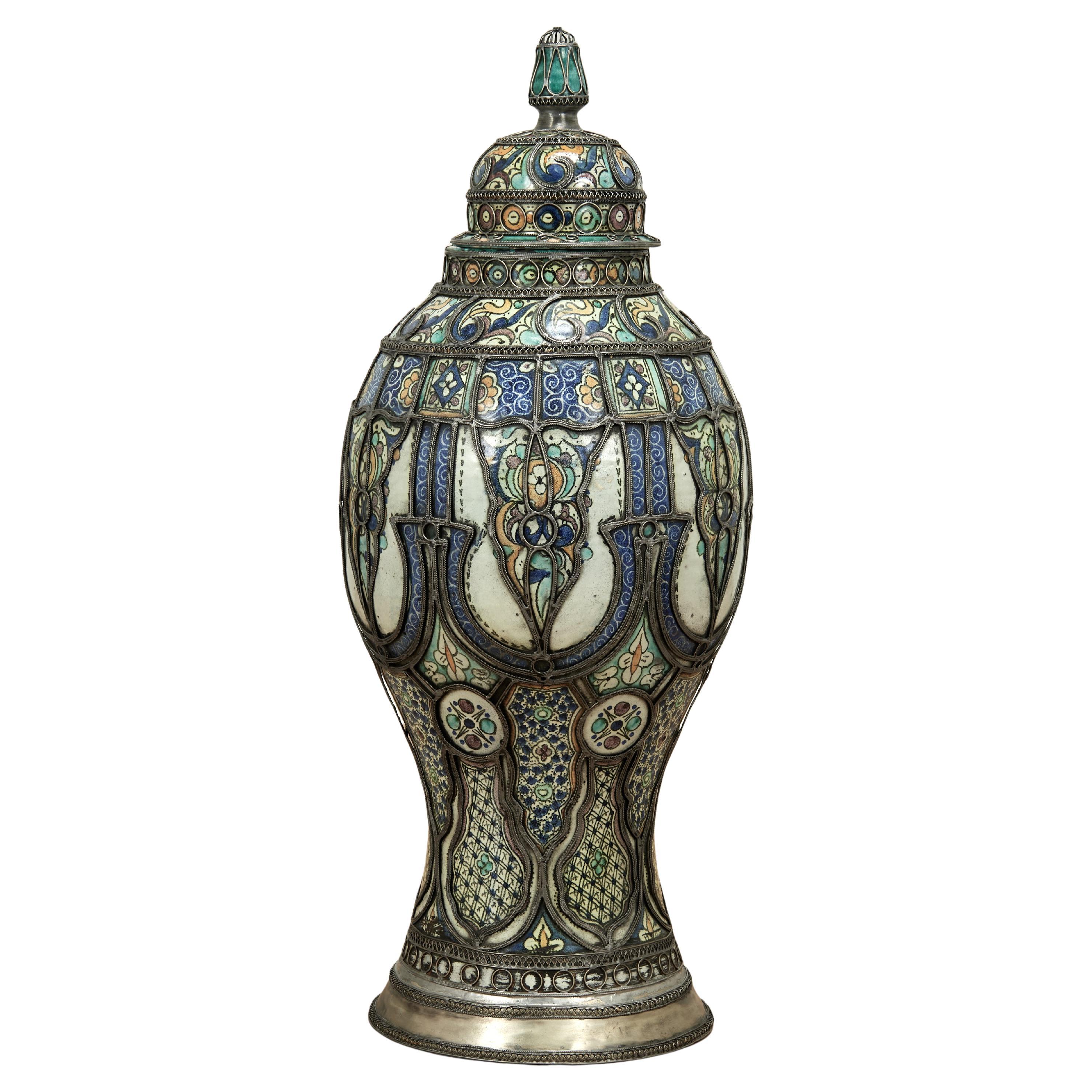 Large Vintage Moroccan Earthenware and Metal Urn