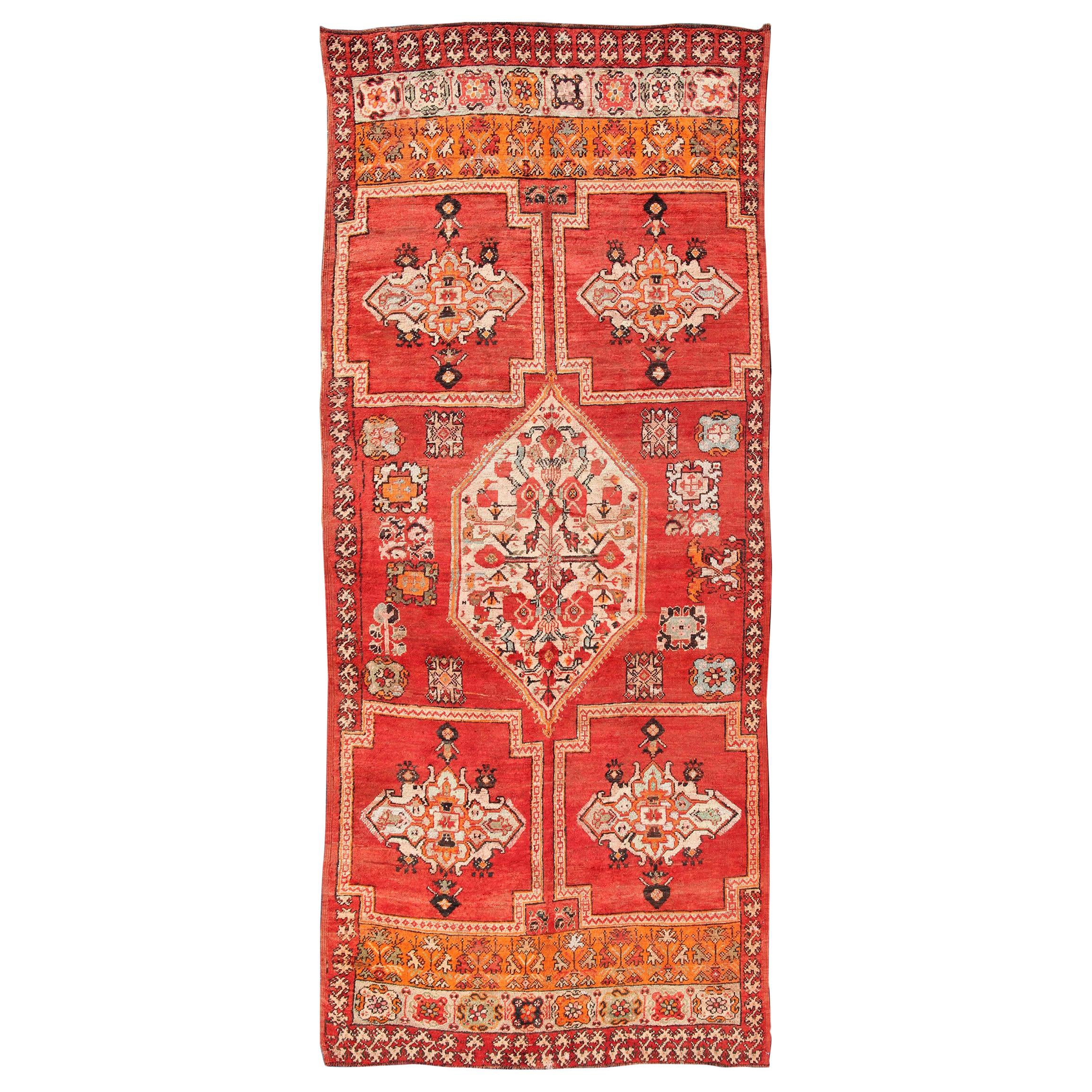 Large Vintage Moroccan Gallery Rug with Tribal Design in Red, Orange  6'4 x 15'8