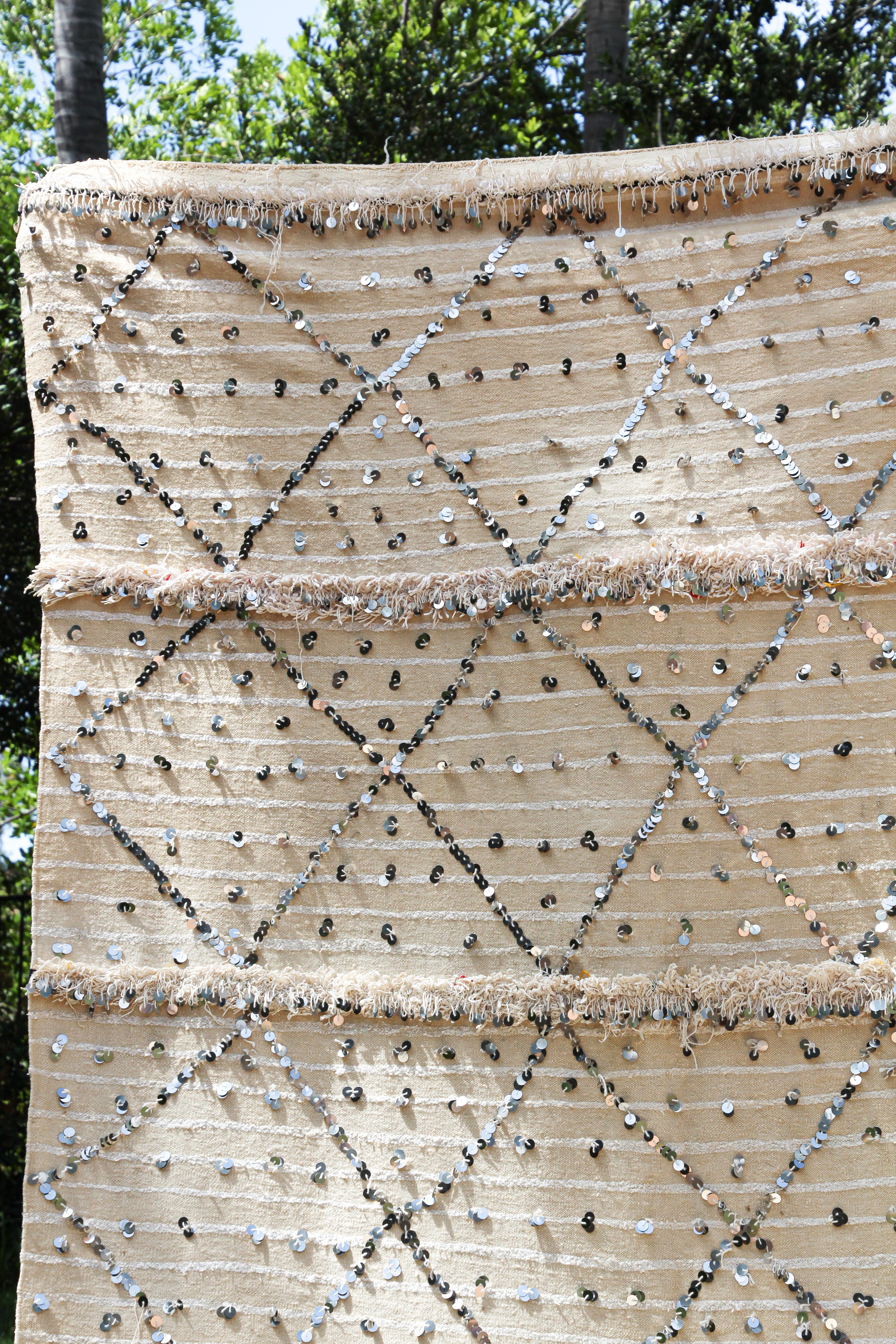 1960s Large Vintage Moroccan Wedding Berber Blanket Throw with Sequins In Good Condition For Sale In North Hollywood, CA