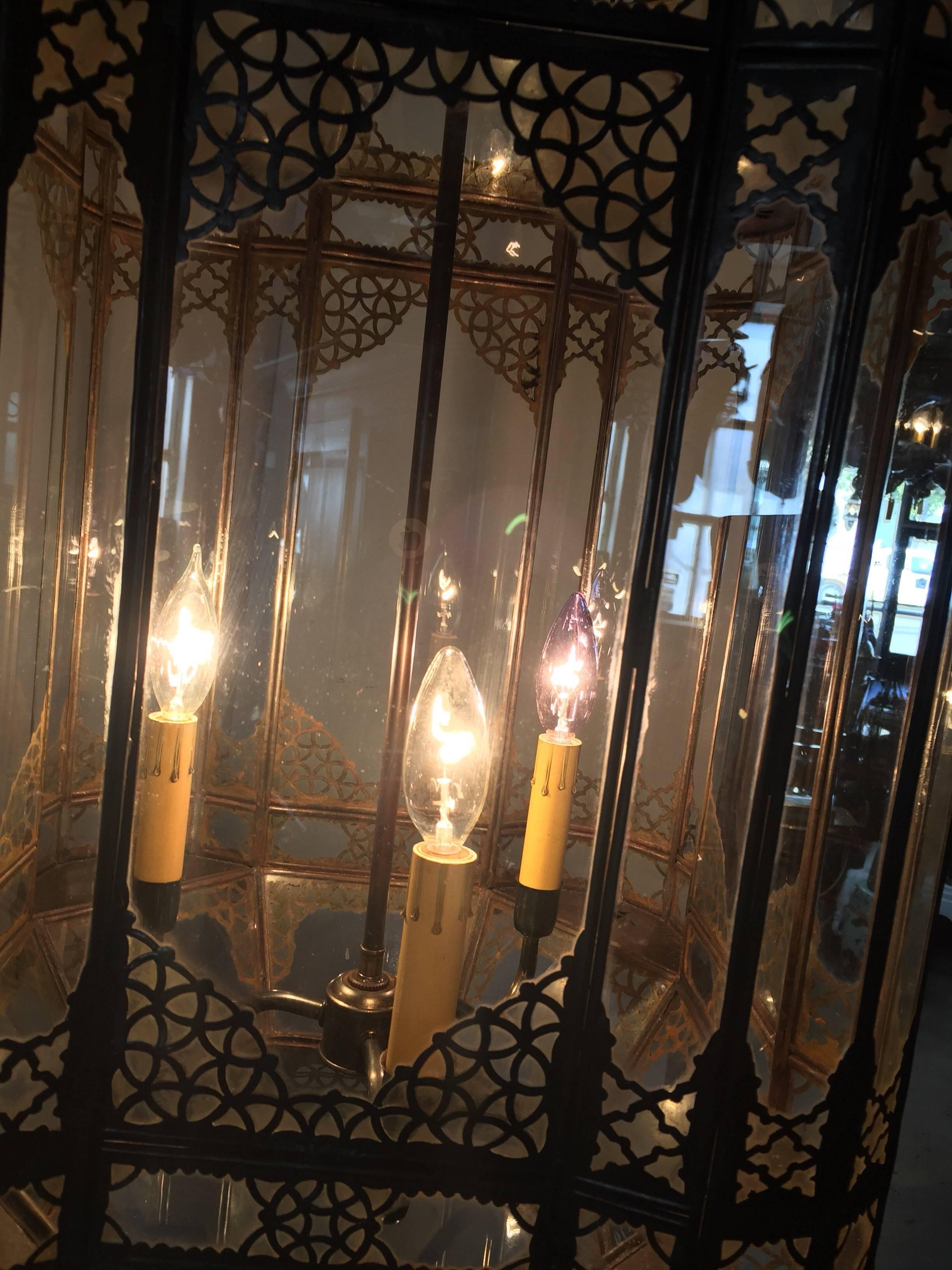 Metal Large Vintage Moroccan Moorish Glass Light Fixture