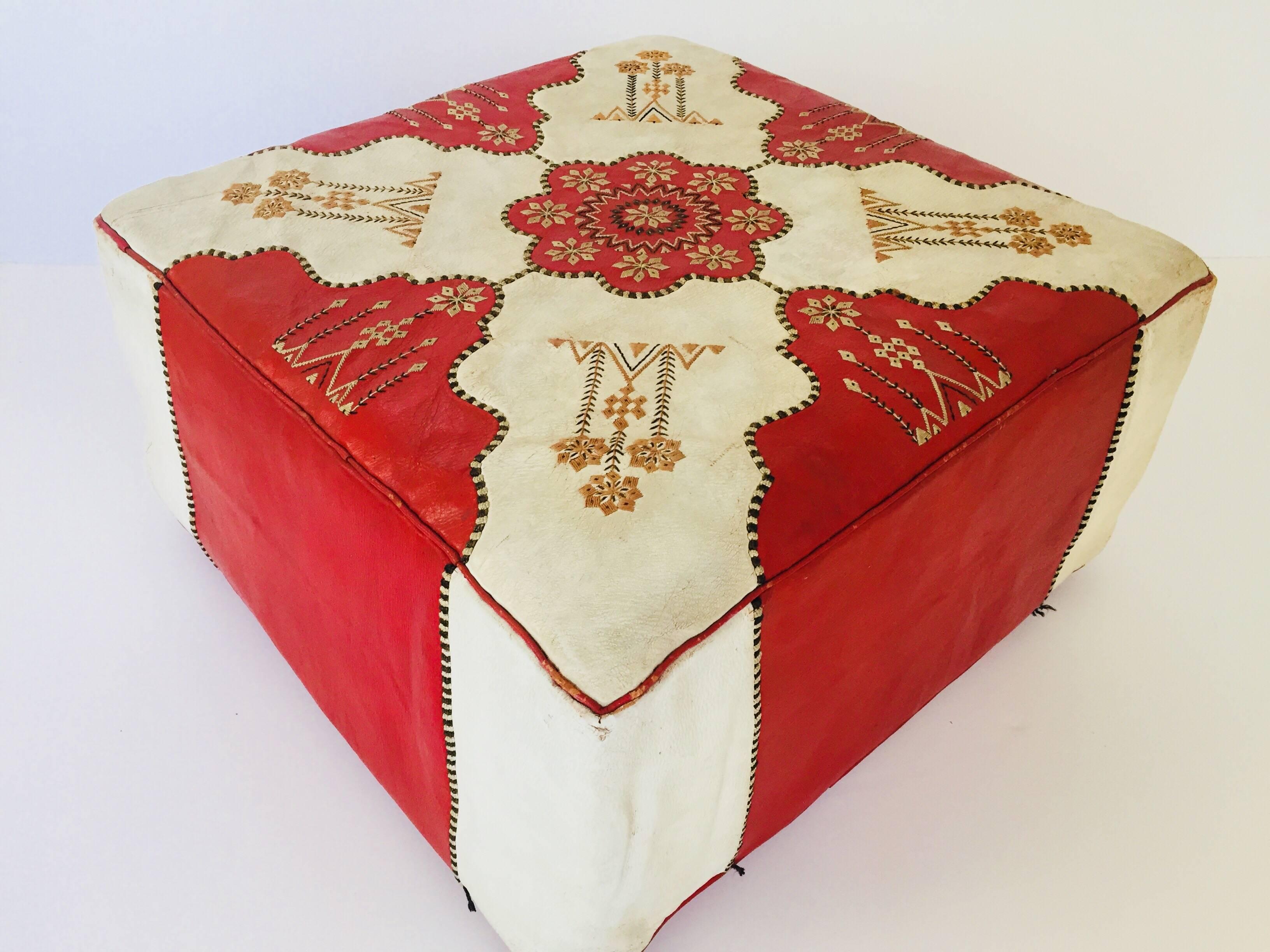 Large Vintage Moroccan Red and White Leather Rectangular Ottoman 6