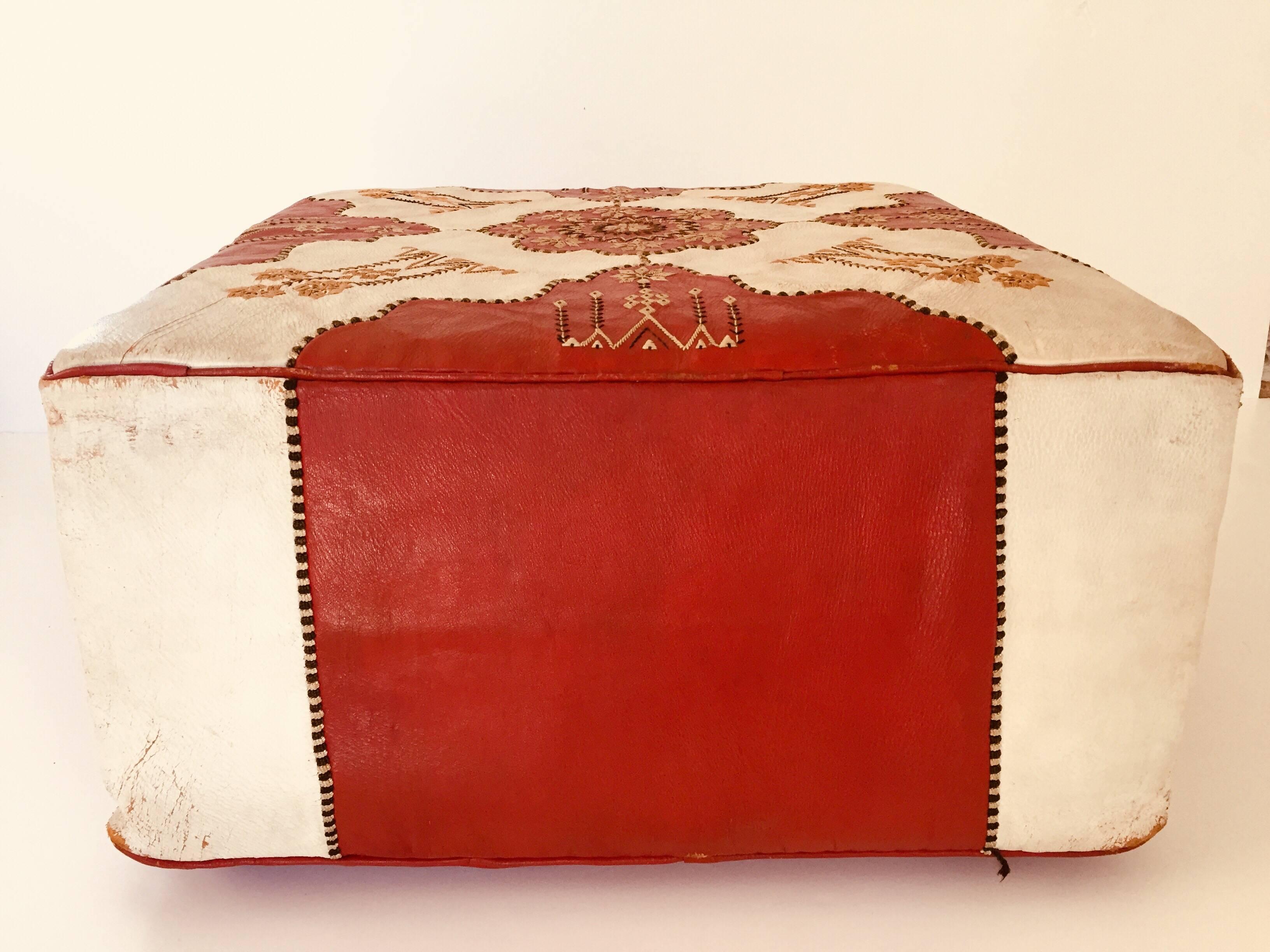Large Vintage Moroccan Red and White Leather Rectangular Ottoman 7