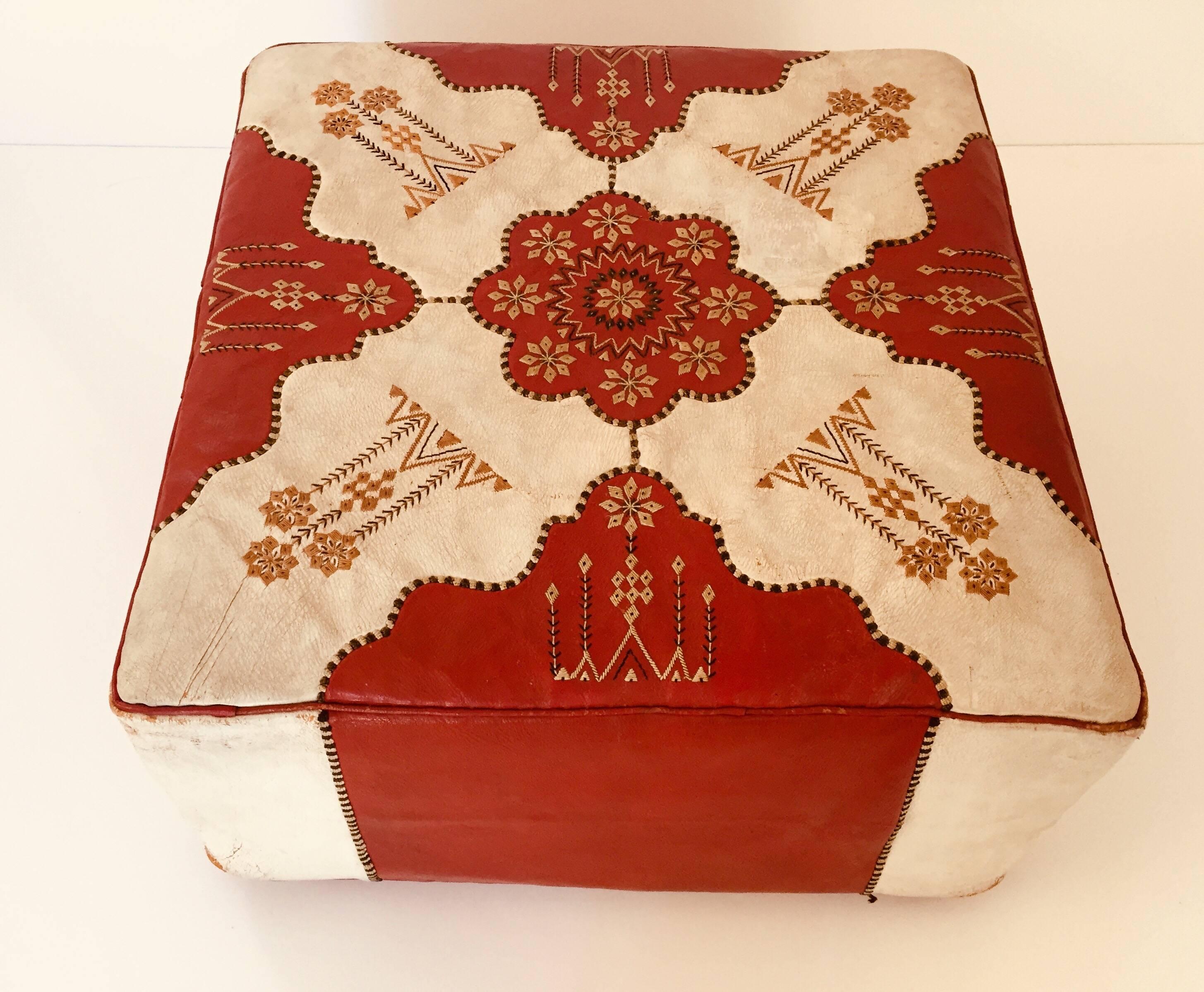 Hand-Crafted Large Vintage Moroccan Red and White Leather Rectangular Ottoman