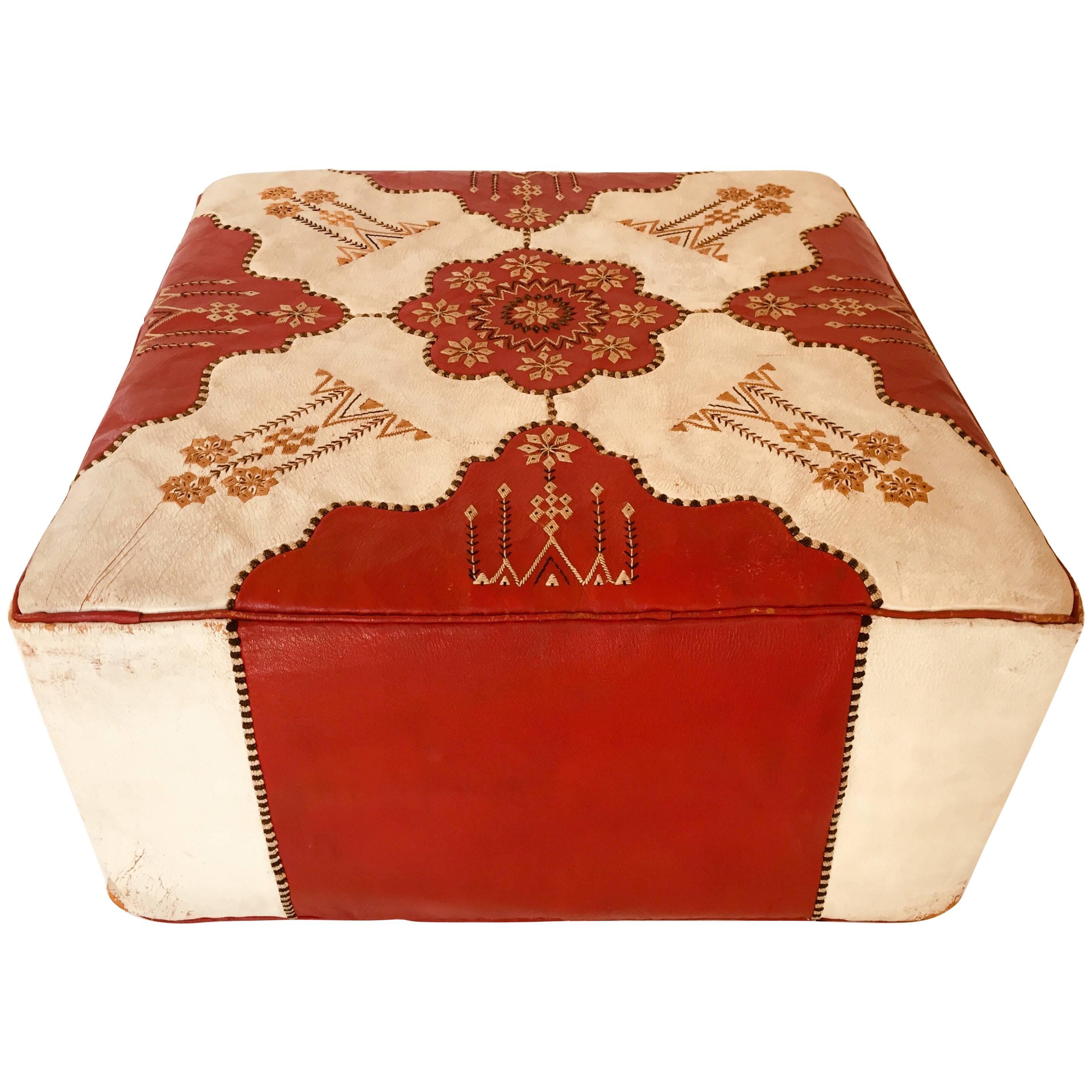 Large Vintage Moroccan Red and White Leather Rectangular Ottoman