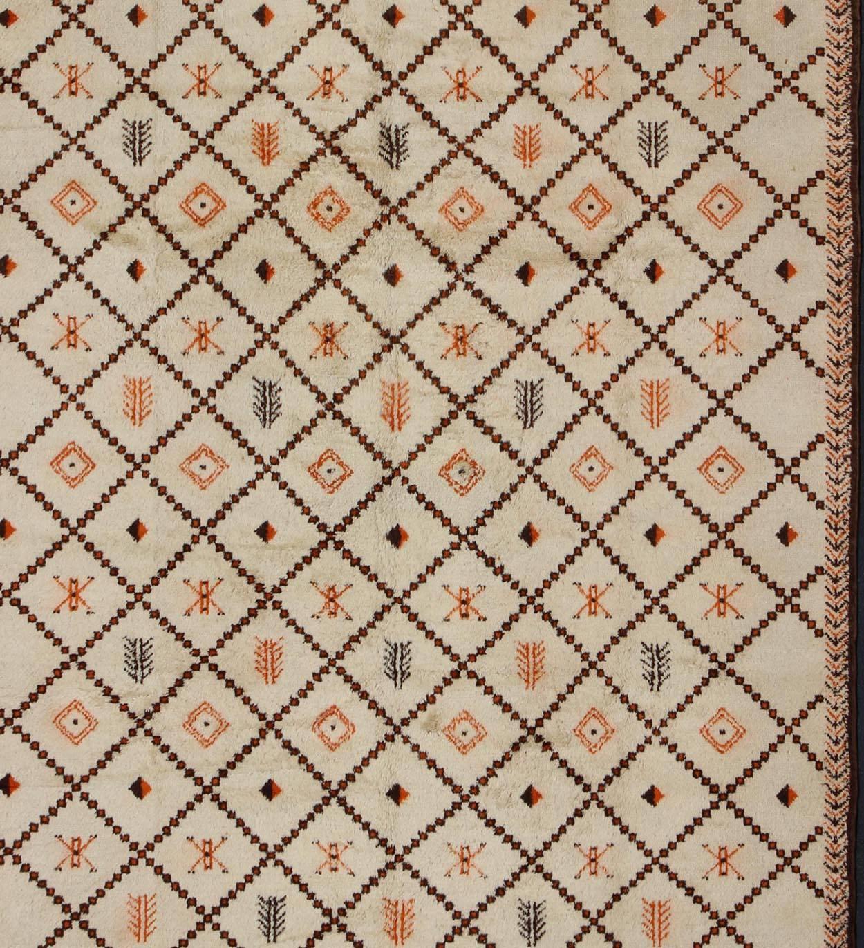 Hand-Knotted Large Vintage Moroccan Rug in Diamond Design with Ivory and Brown Outlines