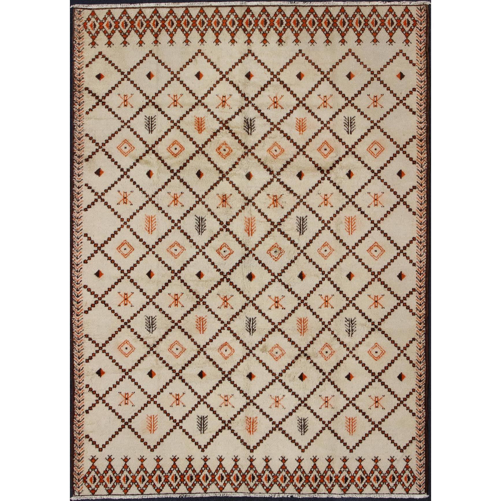 Large Vintage Moroccan Rug in Diamond Design with Ivory and Brown Outlines
