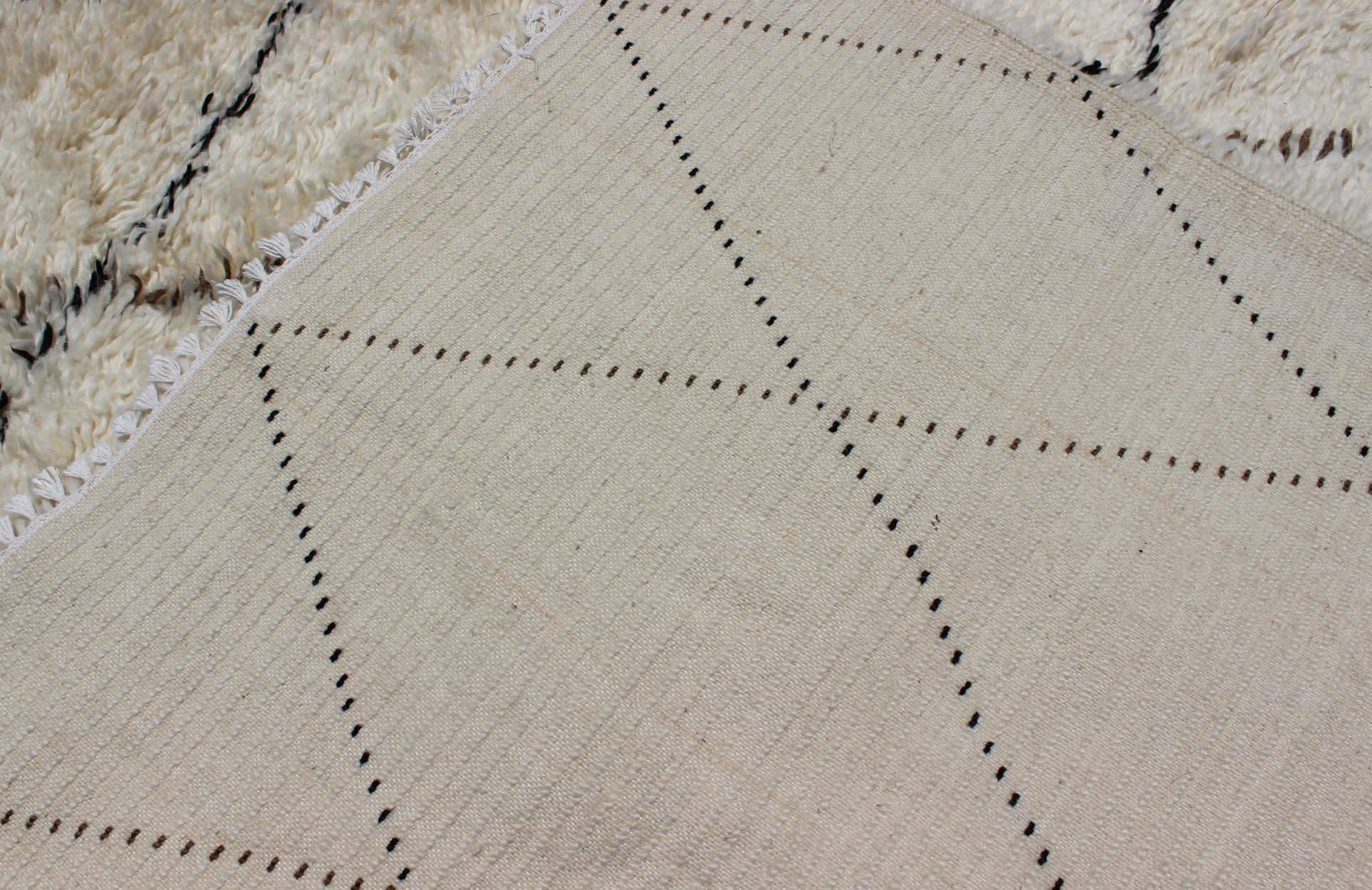 Large Vintage Moroccan Rug in Off White Background, Black & D. Brown lines For Sale 2