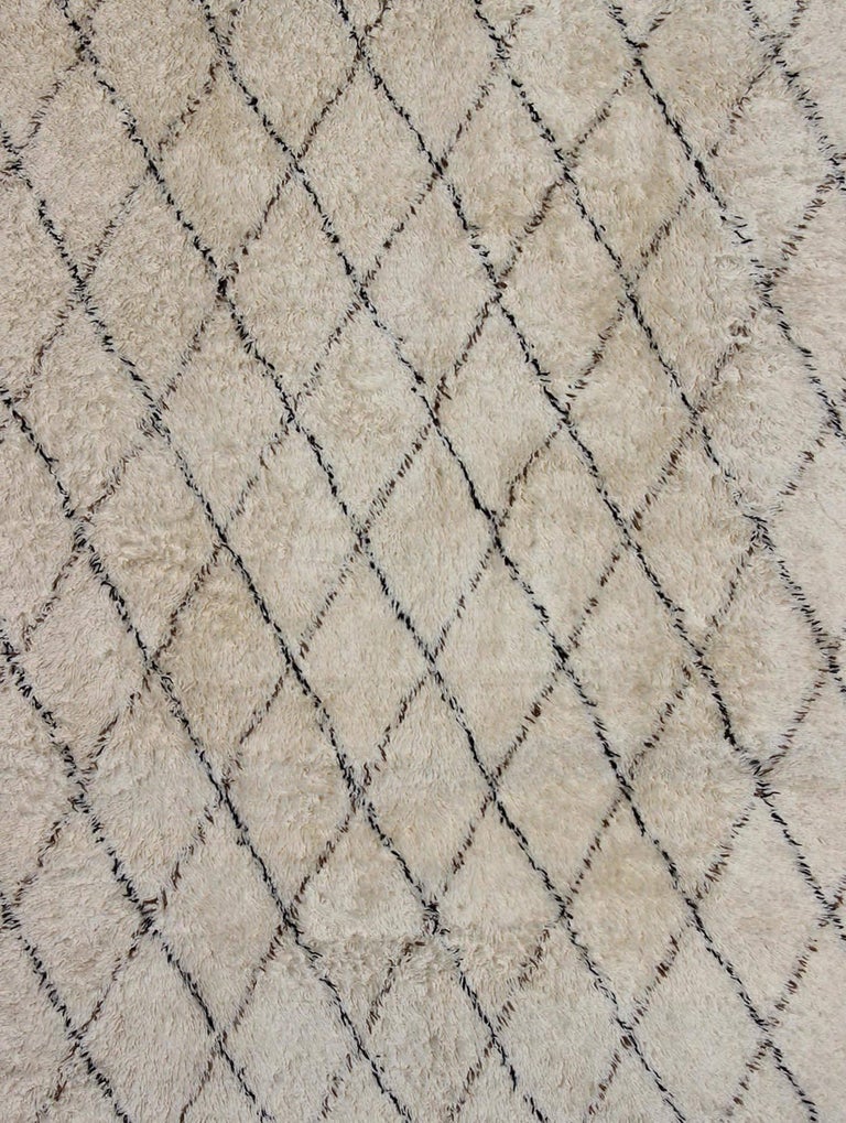 Large Vintage Moroccan Rug in Off White Background, Black and D. Brown