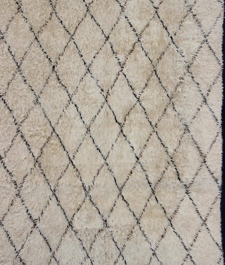 Large Vintage Moroccan Rug in Off White Background, Black and D. Brown